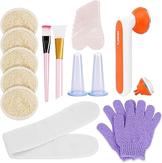 Facial massage Tools Set Skin Care Kit, Ice Roller Face Gua Sha Facial Tool, Exfoliating Loofah Sponge Pads, Face Massaging Gloves, Cupping Set Massage Therapy Cups, Nice Gift for Mom Wife Girlfriend