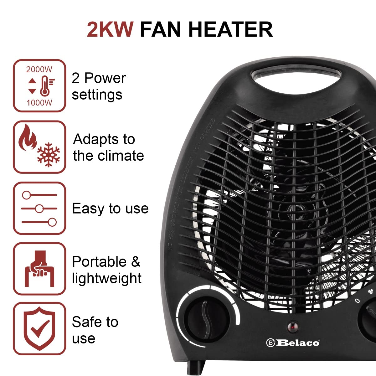 Belaco Fan Heater 2 Heat Settings 1000/2000W Electric Heaters Overheat Protection BFH21, Black - Image 3