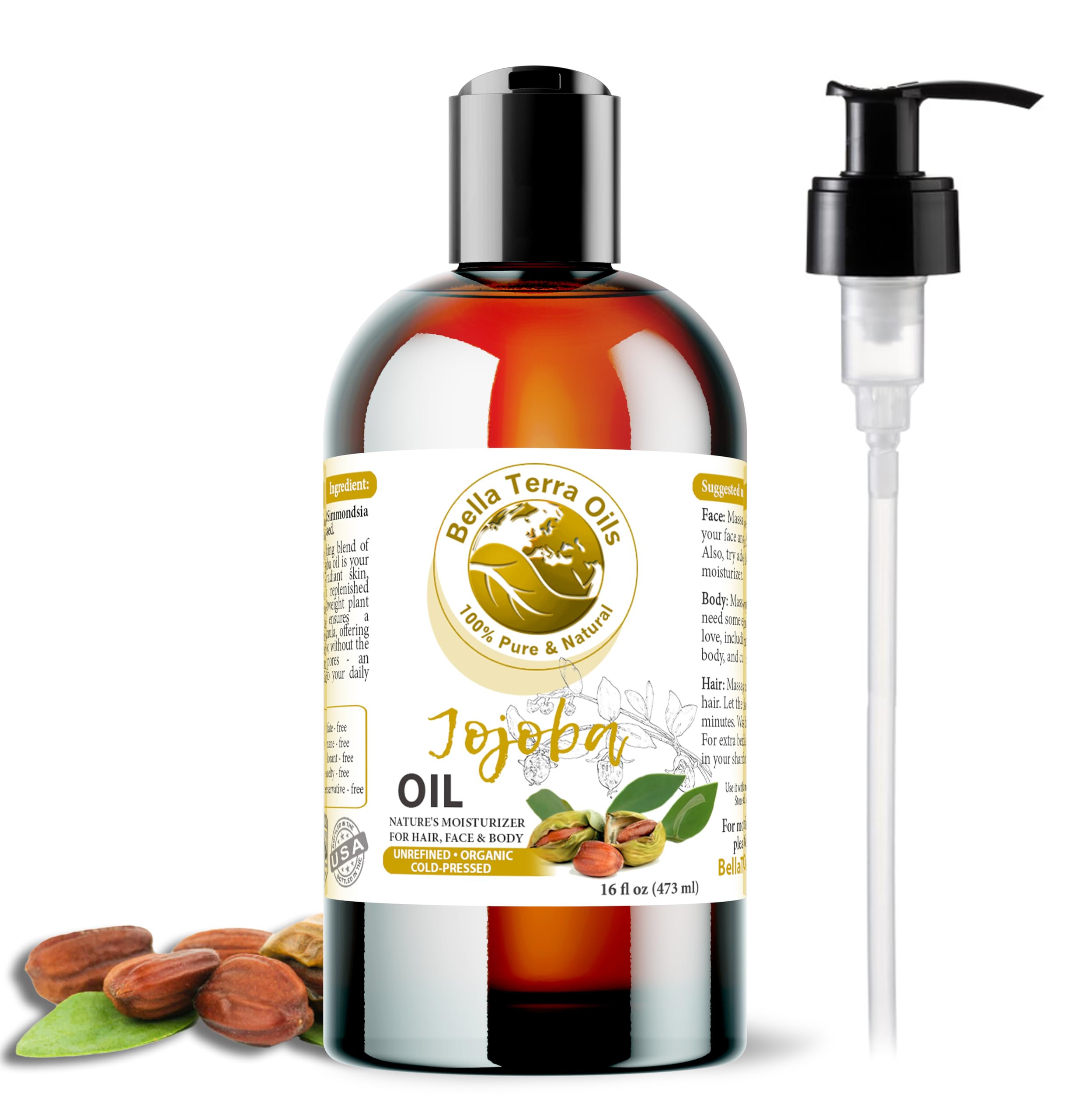 Bella Terra Oils - Organic Jojoba Oil 16oz - Unveiling Organic Jojobas Beauty Secrets Saturated with Vitamin B5