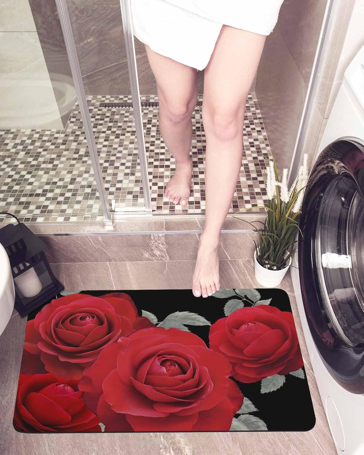 Diatomaceous Earth Bath Mat Bathtub Mat, Valentine's Day Romantic Rose Black Background Quick Dry Non-Slip Diatomite Mud Bathroom Floor Rugs for Bath Tub Kitchen Absorbent Pad, 20x31.5 Inch