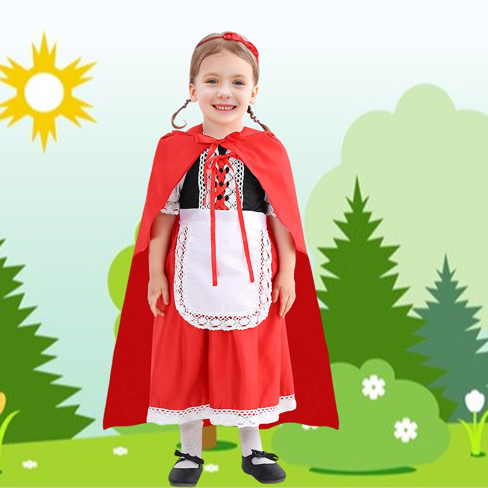Moerstar World Book Day Costumes for Kids Girls Red Cape with Hood Set including Dress and Red Bow Headband - Image 2