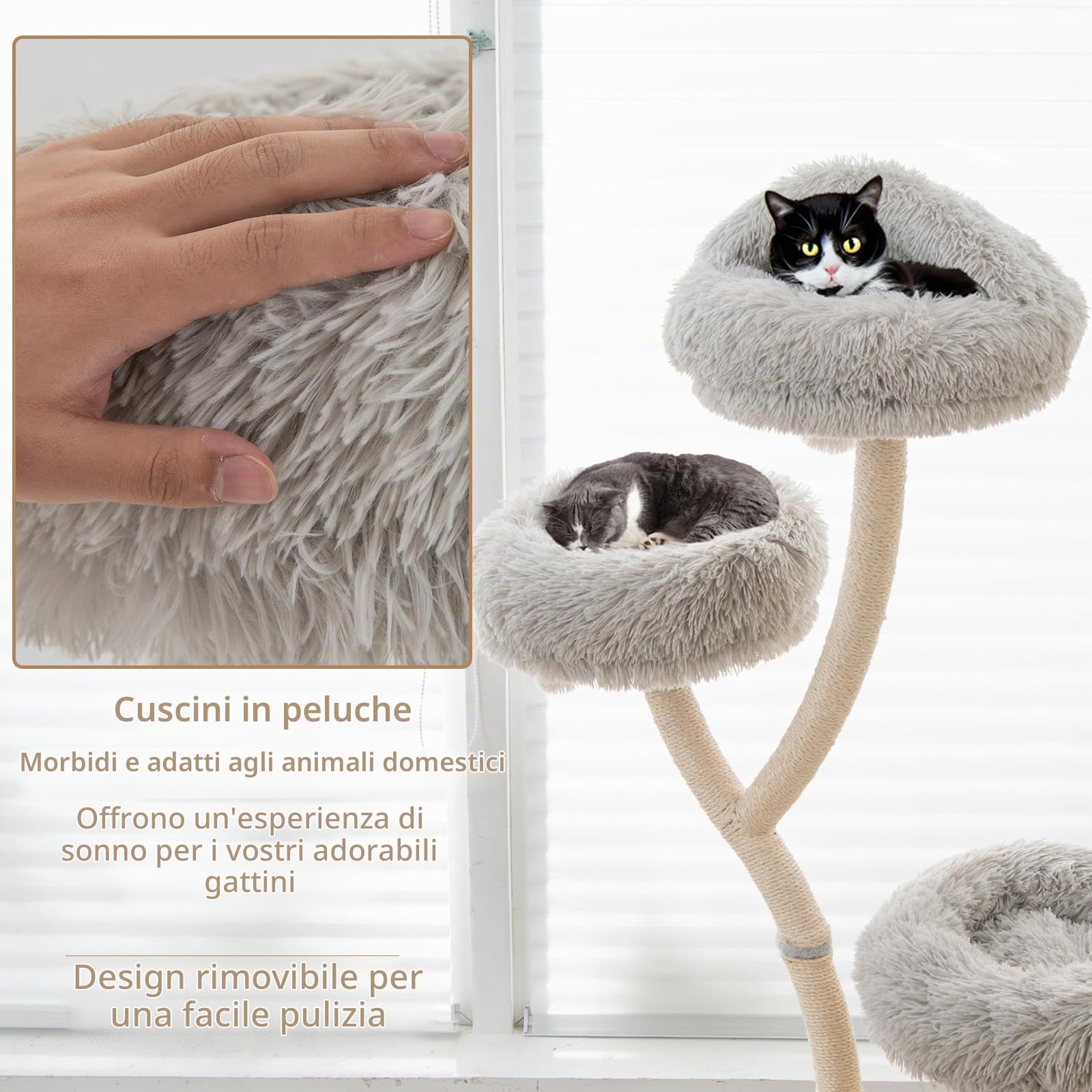 SOARS Albero Tiragraffi per Gatto Alto 180 cm a 4 Livelli, Albero per Gatti Forma di Rami con 3 Nidi e Pompon, Torre Gatti Struttura in Metallo e Base in Sisal, 59 x 59 x 178 cm (Grigio)