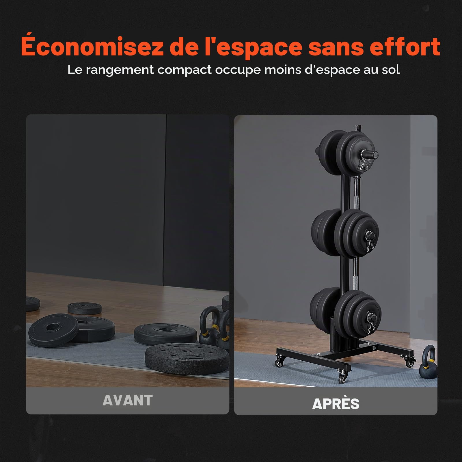 VEVOR Support d'Haltères Vertical Arbre, Rack de Rangement pour Disques des Poids de 50,8 mm, Support de Poids Capacité de Charge 454 kg, Repose Haltères avec Roues, Rangement pour Gym Domicile