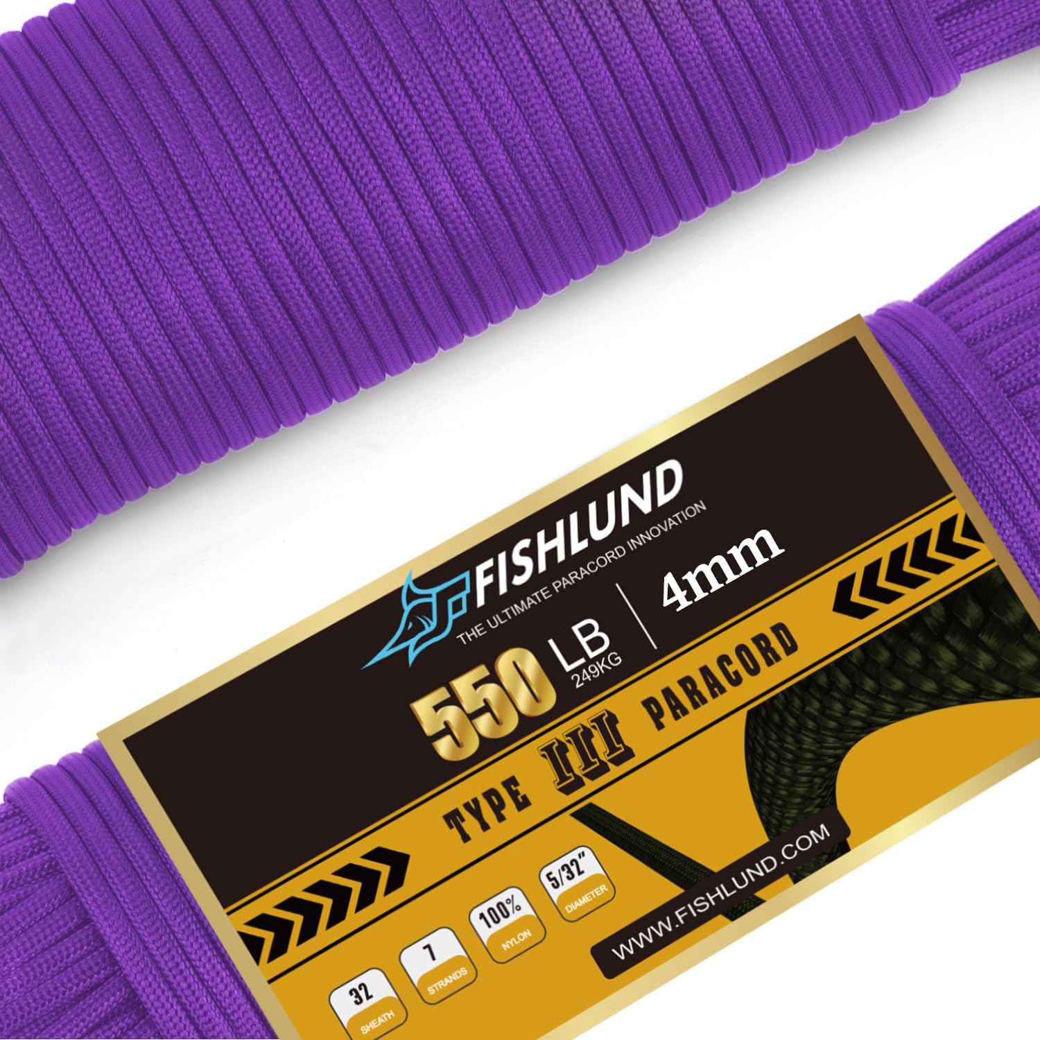 Fishlund Purple Paracord 550 Lb, 7 Strand Paracord Rope 100Ft 4Mm, Nylon Parachute Cord For Camping,