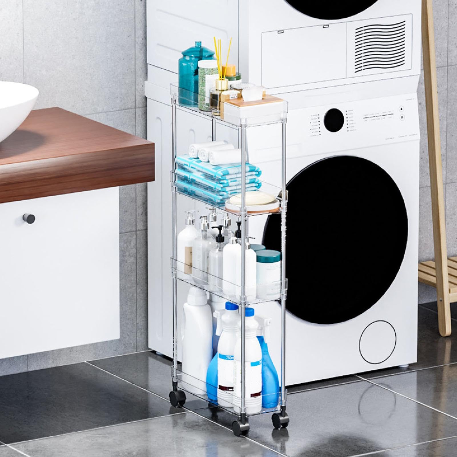 Generico Rolling Storage Cart, Movable Shel, Multi Layer, Multi Purpose, Compact Rolling Kitchen Organizer for Laundry Room, Narrow Space, 1650g, Acrylic, Abs, Metal