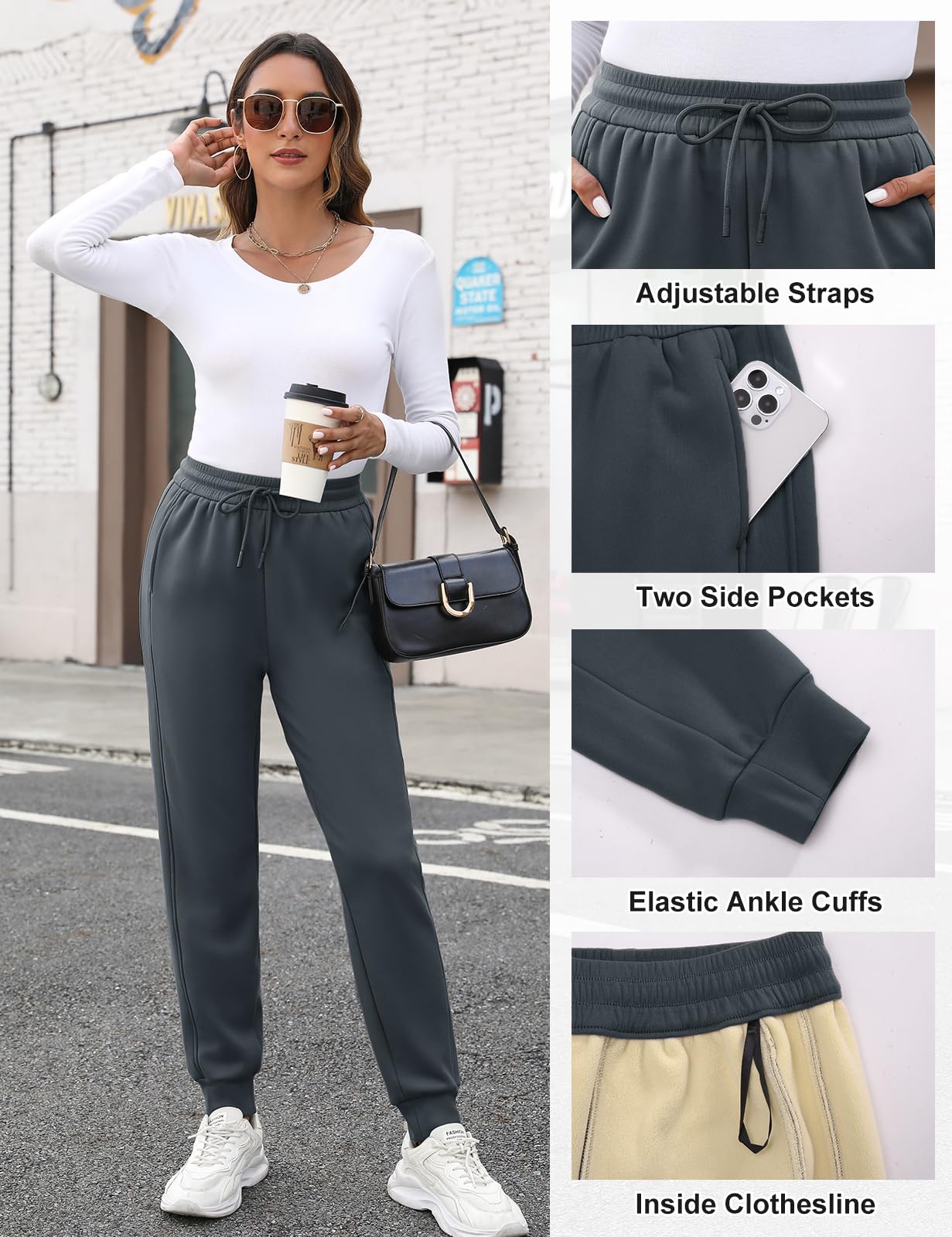 PASUDA Pantaloni Tuta Donna in Pile Invernali Sherpa Foderati Pantaloni da Jogging Donna Caldi Elastico Vita Alta Pantaloni Casual Pantaloni Sportivi da Jogger con Coulisse e Tasche