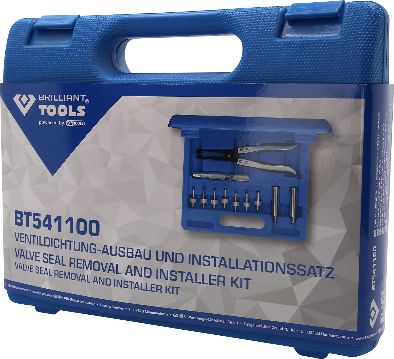 BRILLIANT TOOLS BT541100 Ventildichtung-Ausbau und Installationss atz [Powered by KS TOOLS], Mit Stabilem Blauen Transportkoffer, 11-Tlg.