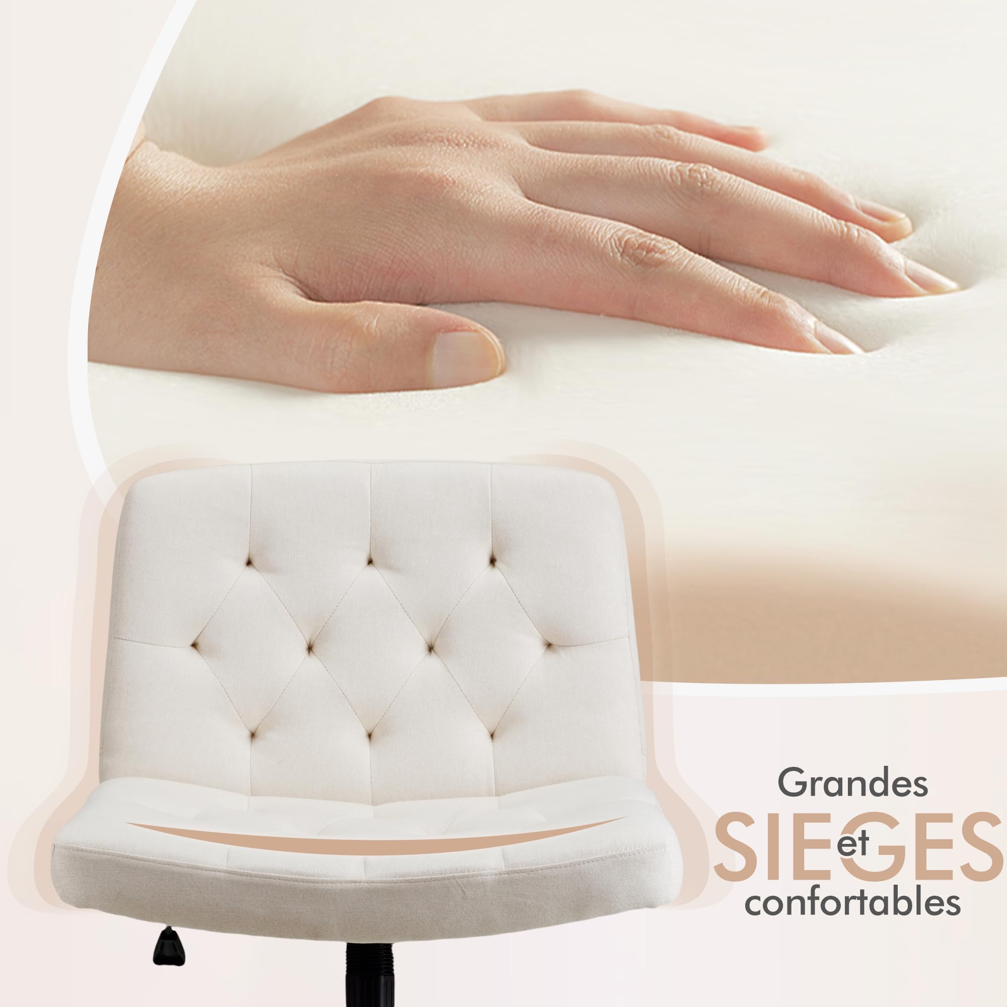 Chaise de Bureau sans Bras à Dossier Moyen, Chaise de Maquillage Extra-Large, Chaise à Pieds croisés réglable en Hauteur, Chaise Commode Confortable(Beige)
