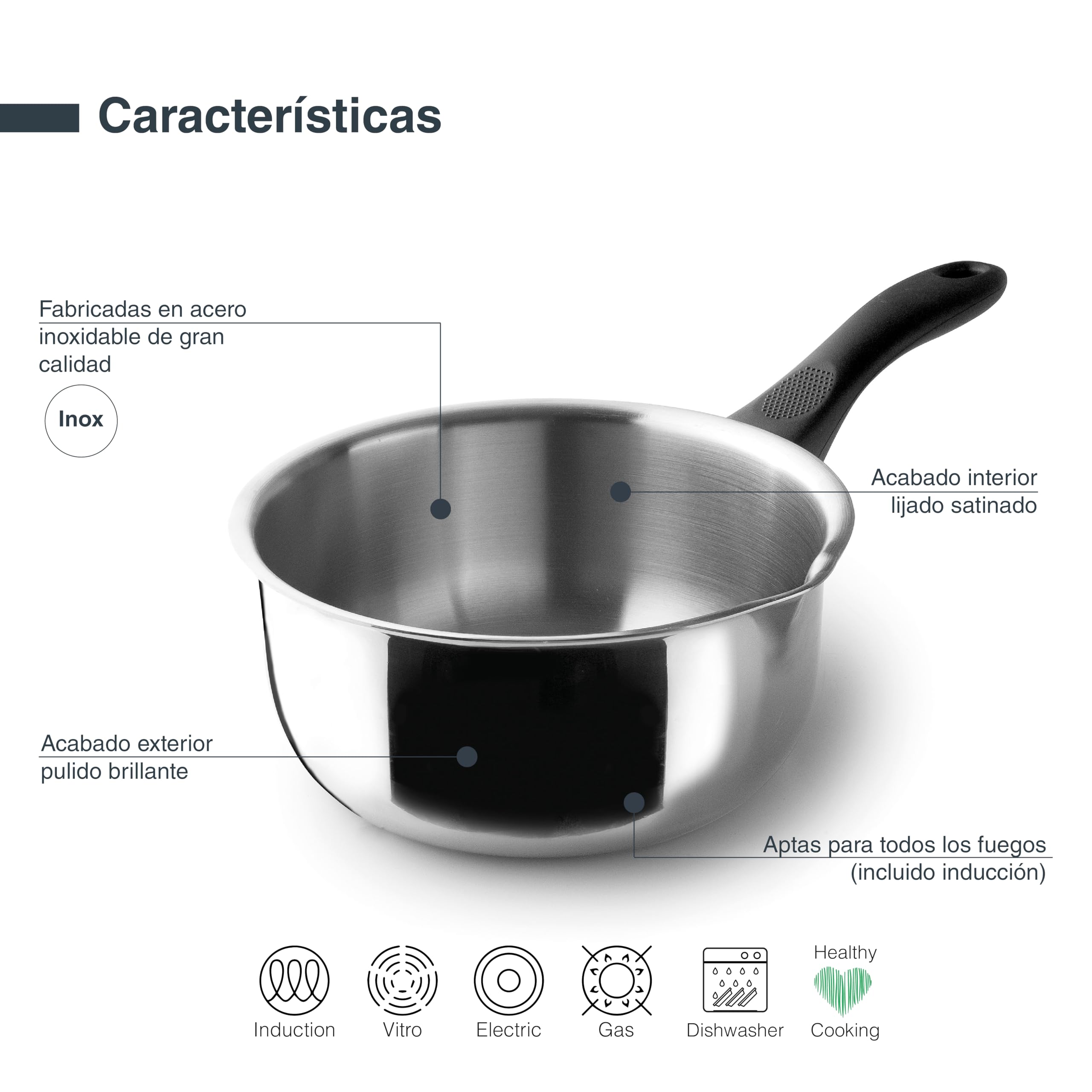 Lacor - 31320 - Cazo Recto Vertidor Garinox, Acero Inoxidable, Pico Vertidor, Mango Ergonómico de Baquelita, 2.5 Litros, Apto para Inducción, No apto para Horno, Apto para Lavavajillas, Ø20cm