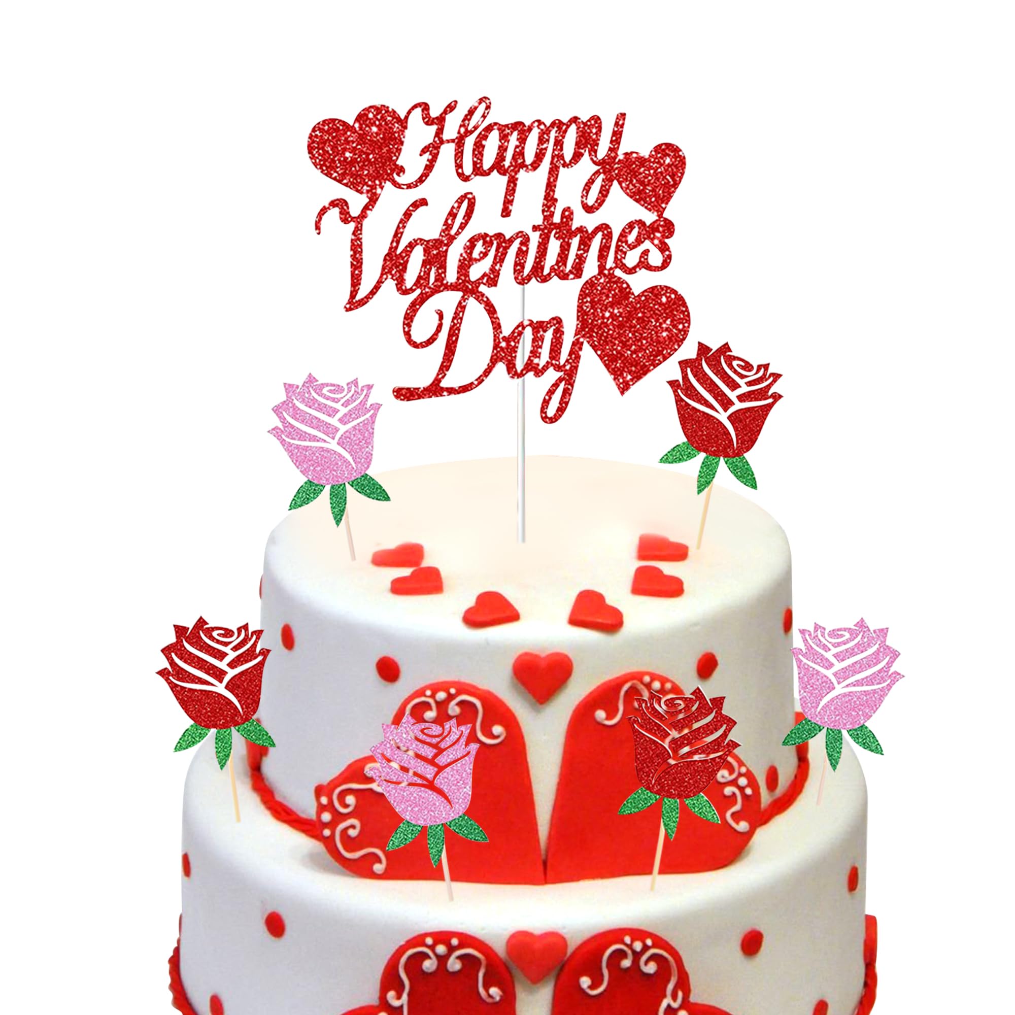 7Pcs Red Glitter Happy Valentines Day Cake Toppers Valentines Day Cake Decoration Romantic Red Pink Rose Shaped Cupcake Picks Cake Accessories for Valentines Day Wedding Party Supplies