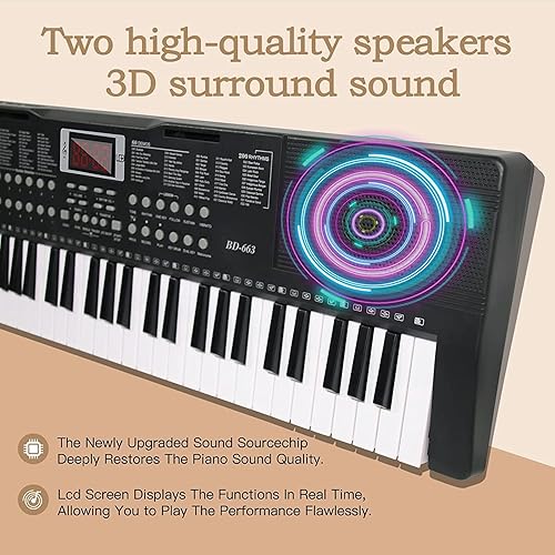 Miniatura 6 de Piano de teclado eléctrico de 61 teclas para principiantesprofesionales, teclado de música portátil iluminado con altavoces duales integrados con