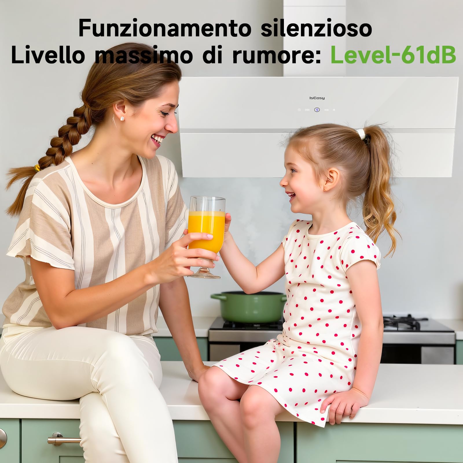 IsEasy Cappa Cucina, Cappa Aspirante 90 cm, 571 m³/h Forte Aspirazione, 4 Livelli di Regolazione, Ritenitore di Pannello, 1-9 Min Spegnimento Ritardato, Funzione di Memoria, 61 dB, Bianco, A++