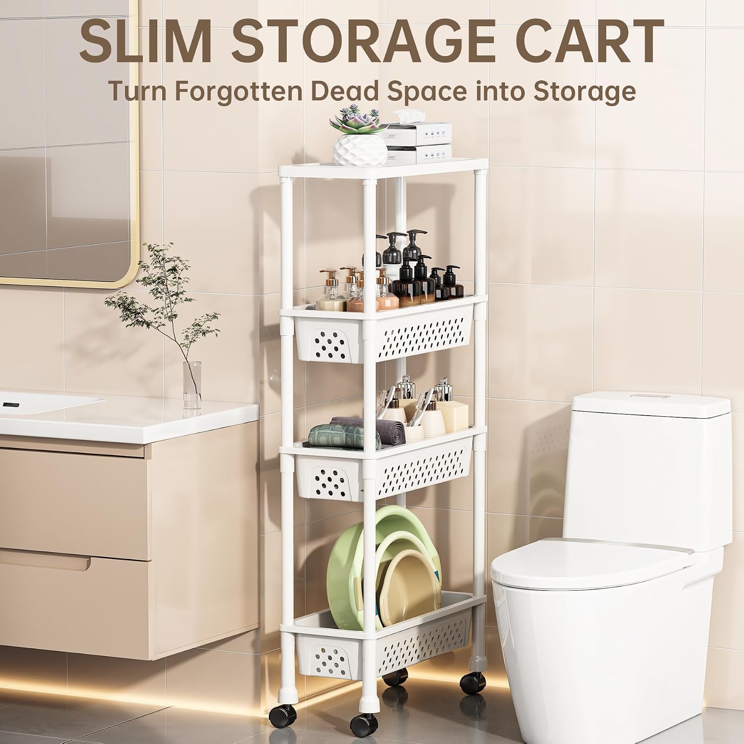 Slim Rolling Storage Cart, 4 Tier Narrow Bathroom Organizer on Wheels, Slim Storage Cart for Kitchen Laundry Living Room, Mobile Utility Cart for Office Kids Room, Tool-Free Assembly, White
