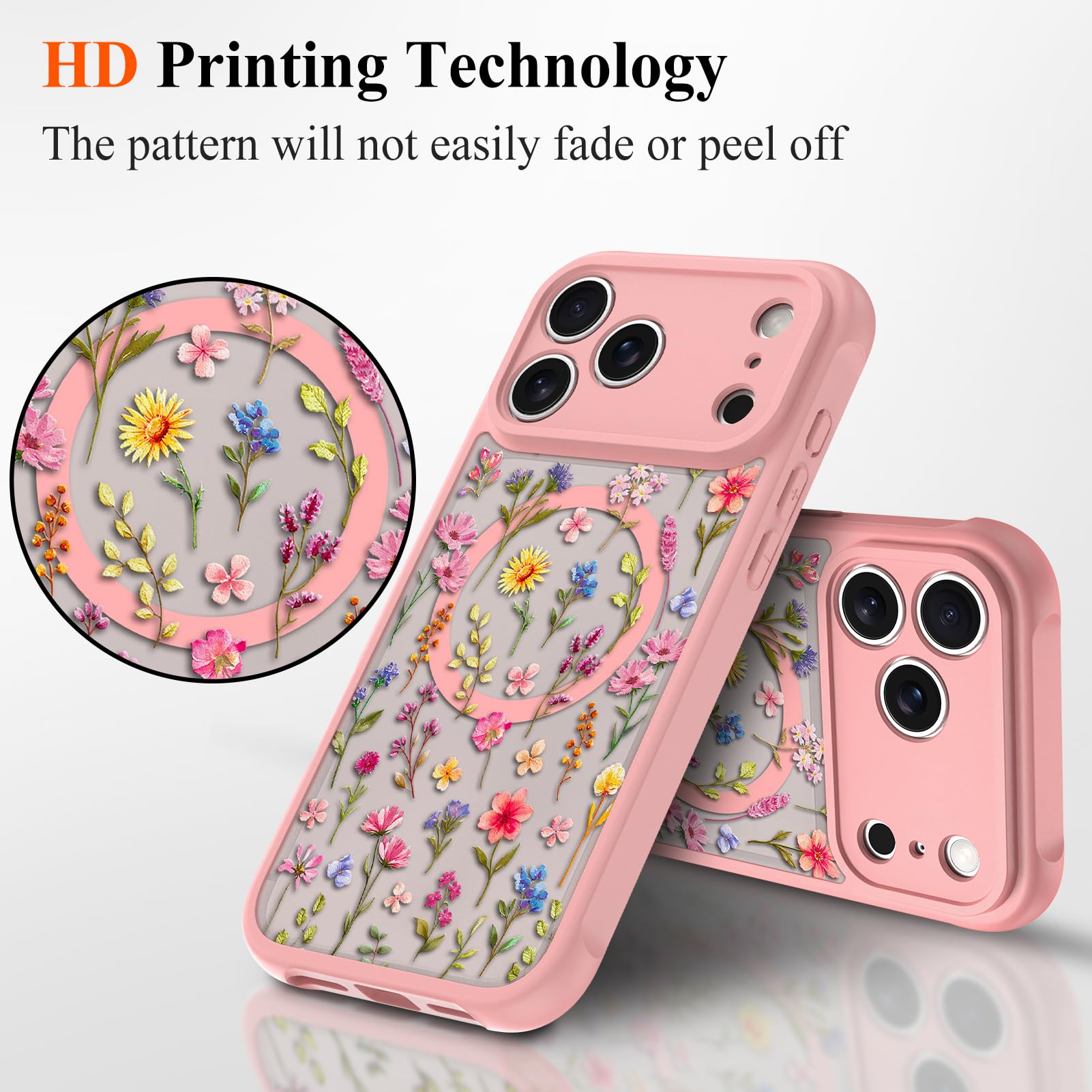 Coque magnétique conçue pour iPhone 17 Pro Max, motif floral rose