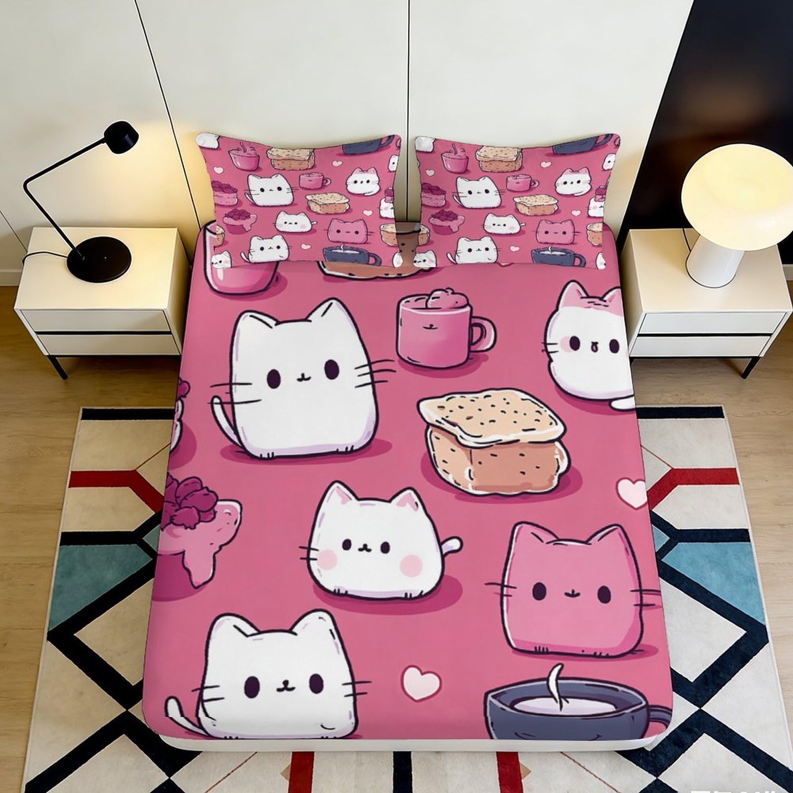 3D Printed Cute Cat Mug Fitted Sheet Microfiber Pink Cartoon Toast Bed Sheet for Bedroom Guestroom Decor 90x200x25cm