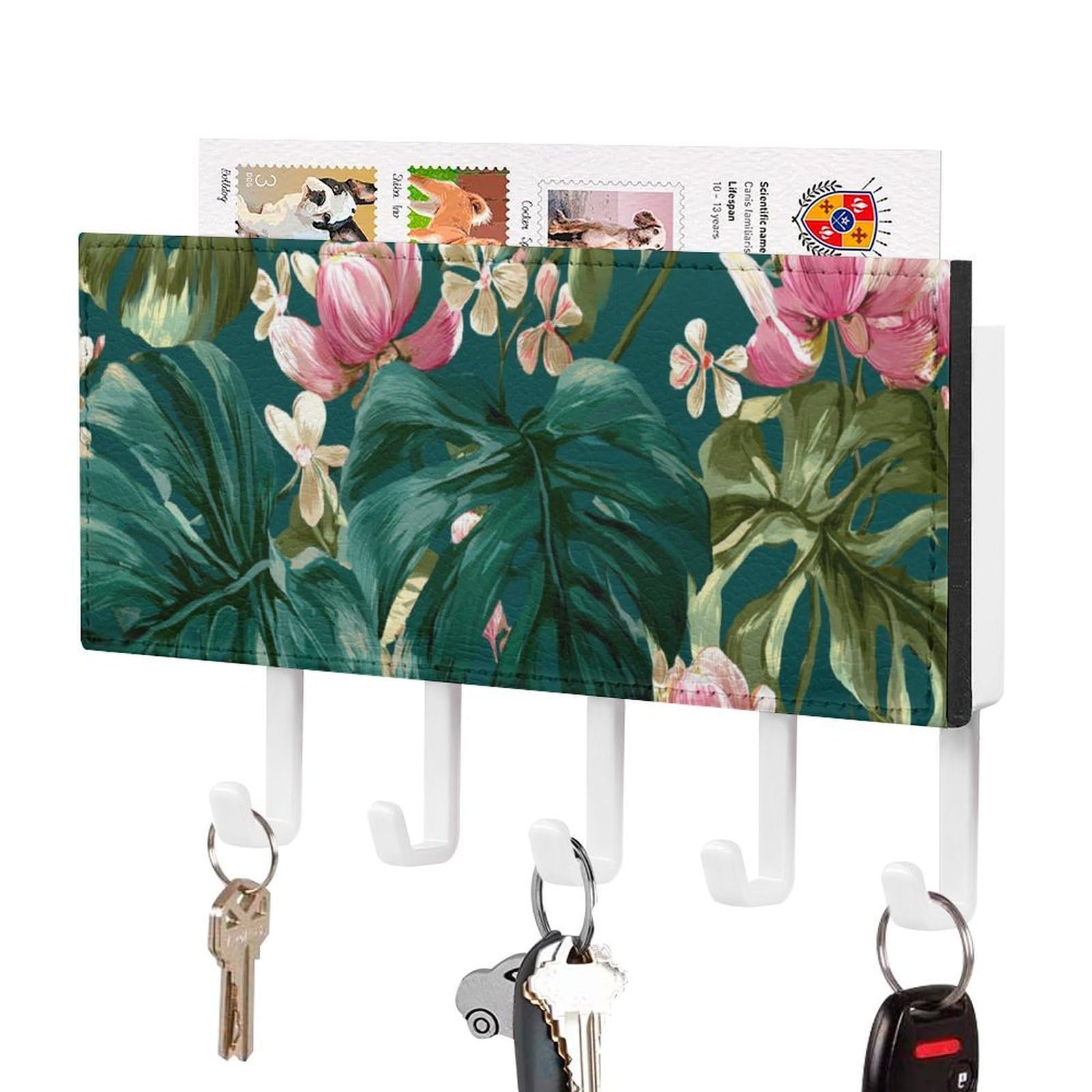Jubonexis White Watercolor Monstera Leaves In Green Pink Flowers Wall Mount With 5 Hooks Acrylic Key Rack For Home Office Entryway