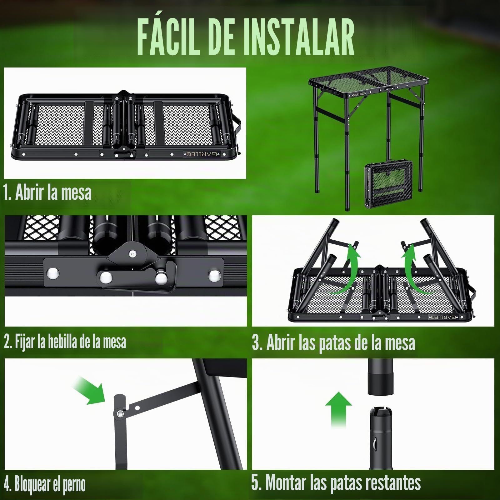 GARLLEN Mesa Plegable para Barbacoa, Mesa de Camping 3 Altura Ajustable Mesa de Picnic de Aluminio Portátil Estable 58 * 40 * 70cm