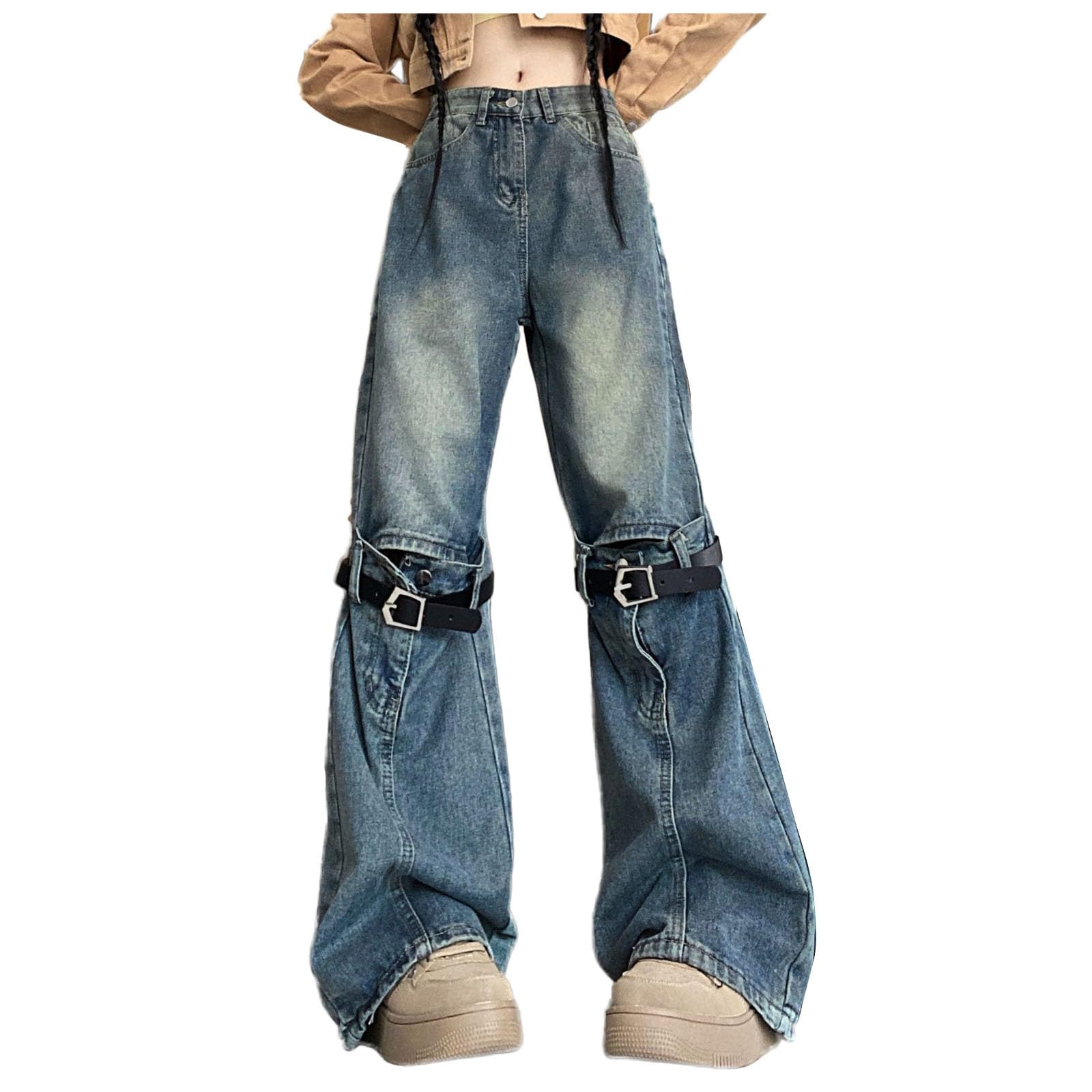 Générique Jean Femme Taille Basse Straight Pantalon en Denim Elastique Flared Bootcut Extensible Vintage Décontractés Extensibles Patchwork Large Tendance Coupe Droite Confortable Mode Décontractée