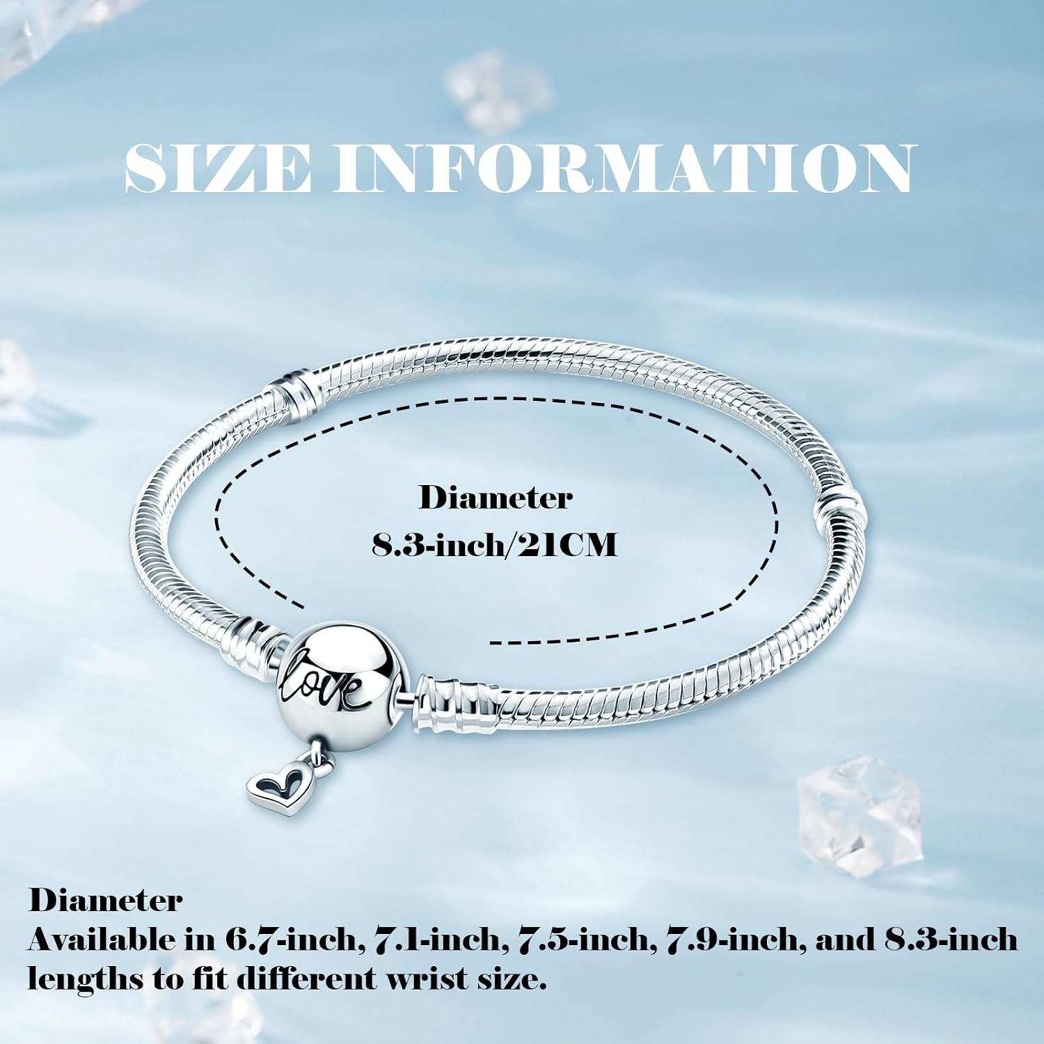 925 Sterling Silver Snake Chain Bracelet, compatible with Pandora charm beads, women's silver jewelry, ideal gift for Valentine's Day, Mother's Day, birthdays and Christmas (Love, 21cm)