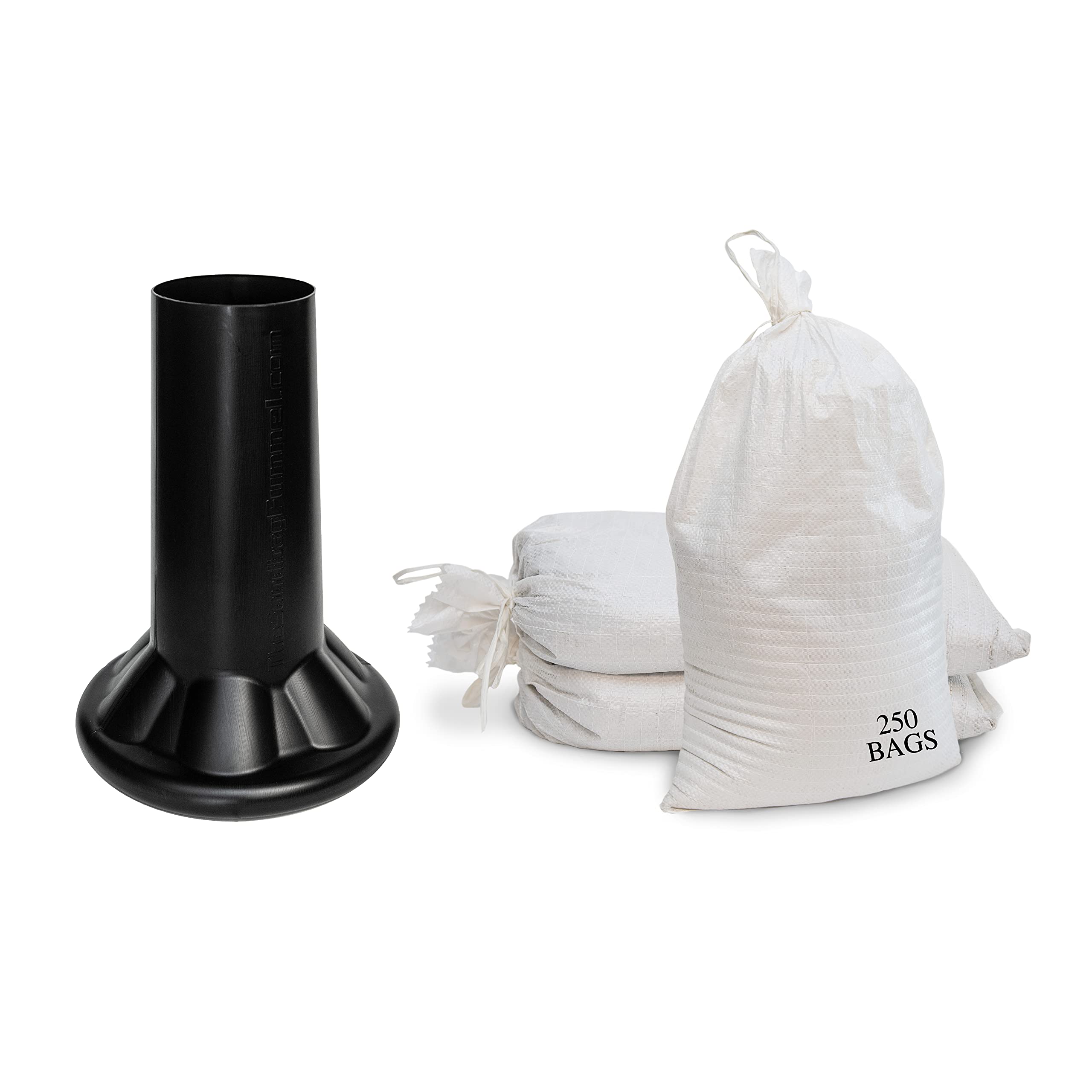 Sandbag Filling Tool with 14 x 26 White Woven Empty Polypropylene Sandbags - UV Protection - Heavy Duty Sandbags for Flooding (1 Plastic Funnel, 250