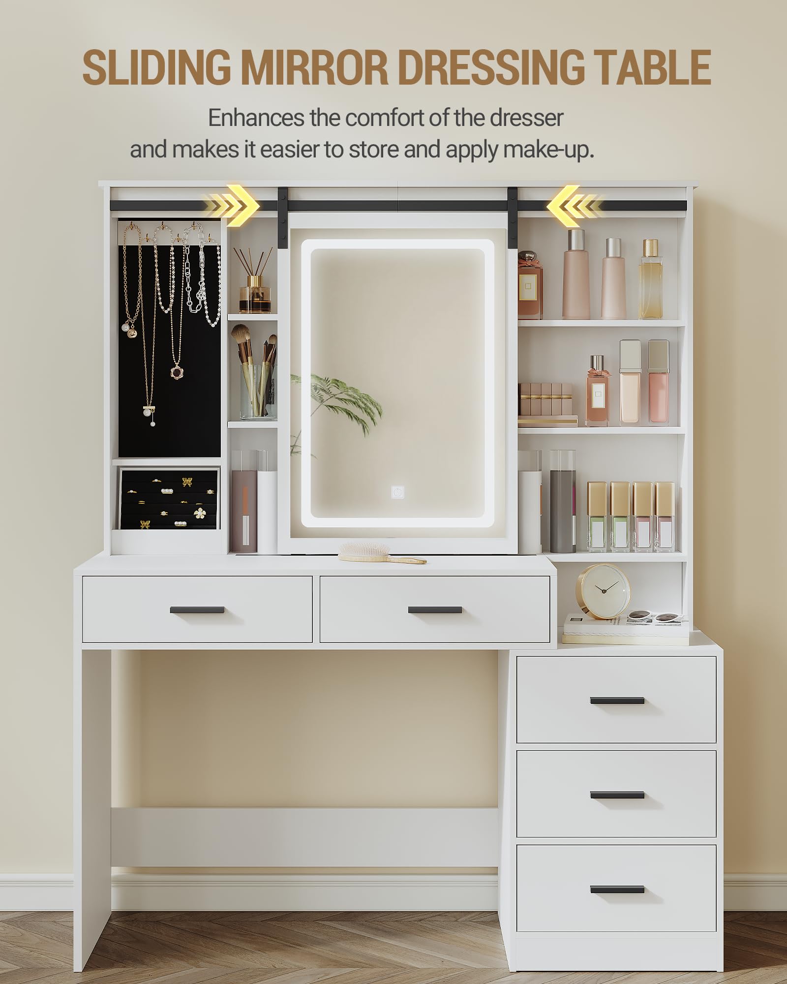 Hzuaneri Coiffeuse avec Lumières LED Réglables,Coiffeuse avec Rangement pour Bijoux, Étagères Ouvertes, 5 Tiroirs, avec Table d'appoint, pour Chambre à Coucher, Blanc DT33103X