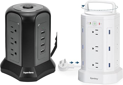 SUPERDANNY Torre de regleta de alimentación blanca de 12 CA y 6 USB, con cable de mango retráctil y negro 9AC 4 USB, torre protectora de