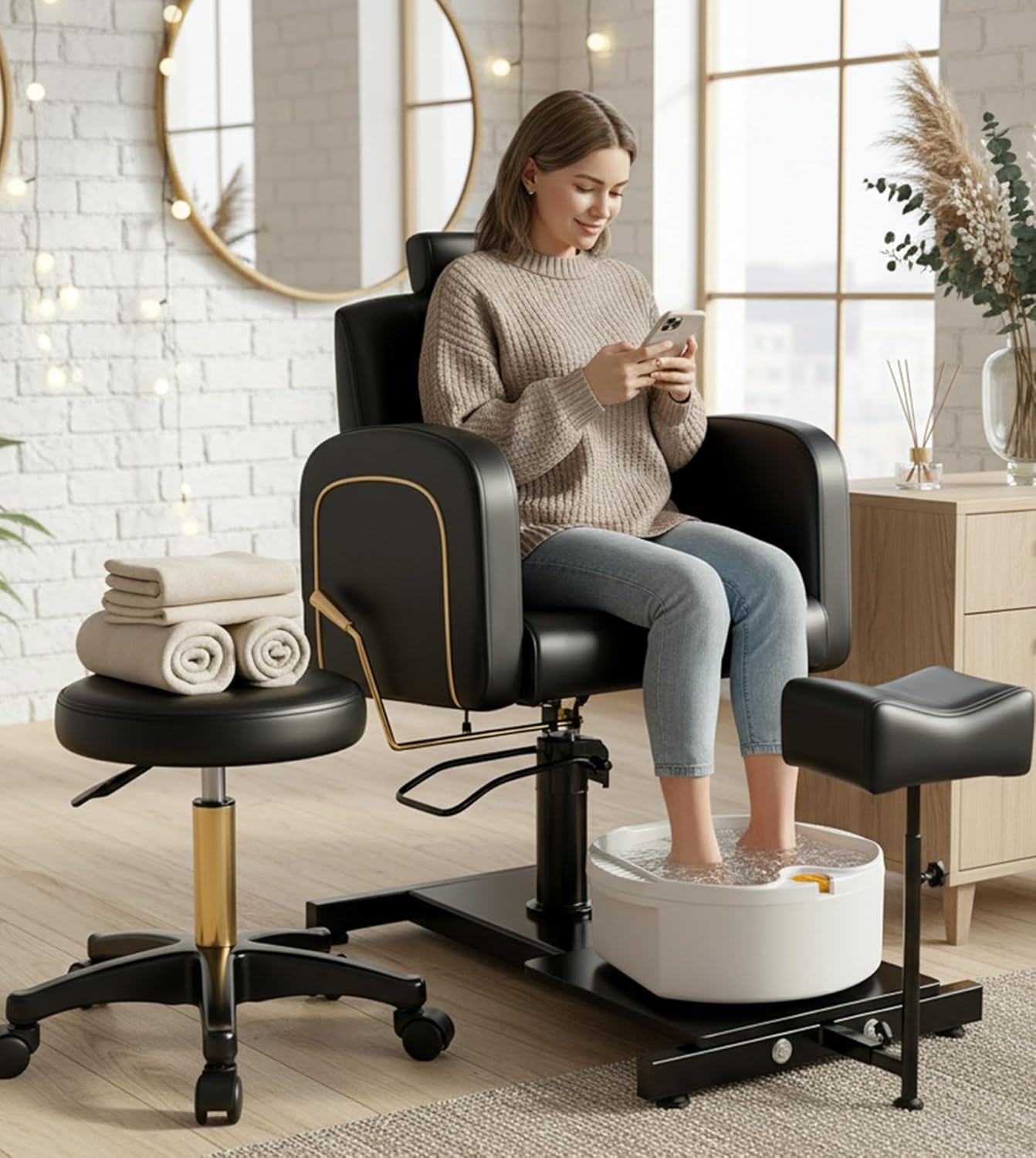 Pedicure Chair No Plumbing for Nail Tech, Hydraulic Pedicure Station with Adjustable Footrest and Massage Bathtub, 360 Degree Swivel Foot Spa Chair Rolling Pedicure Stool, Black&Gold