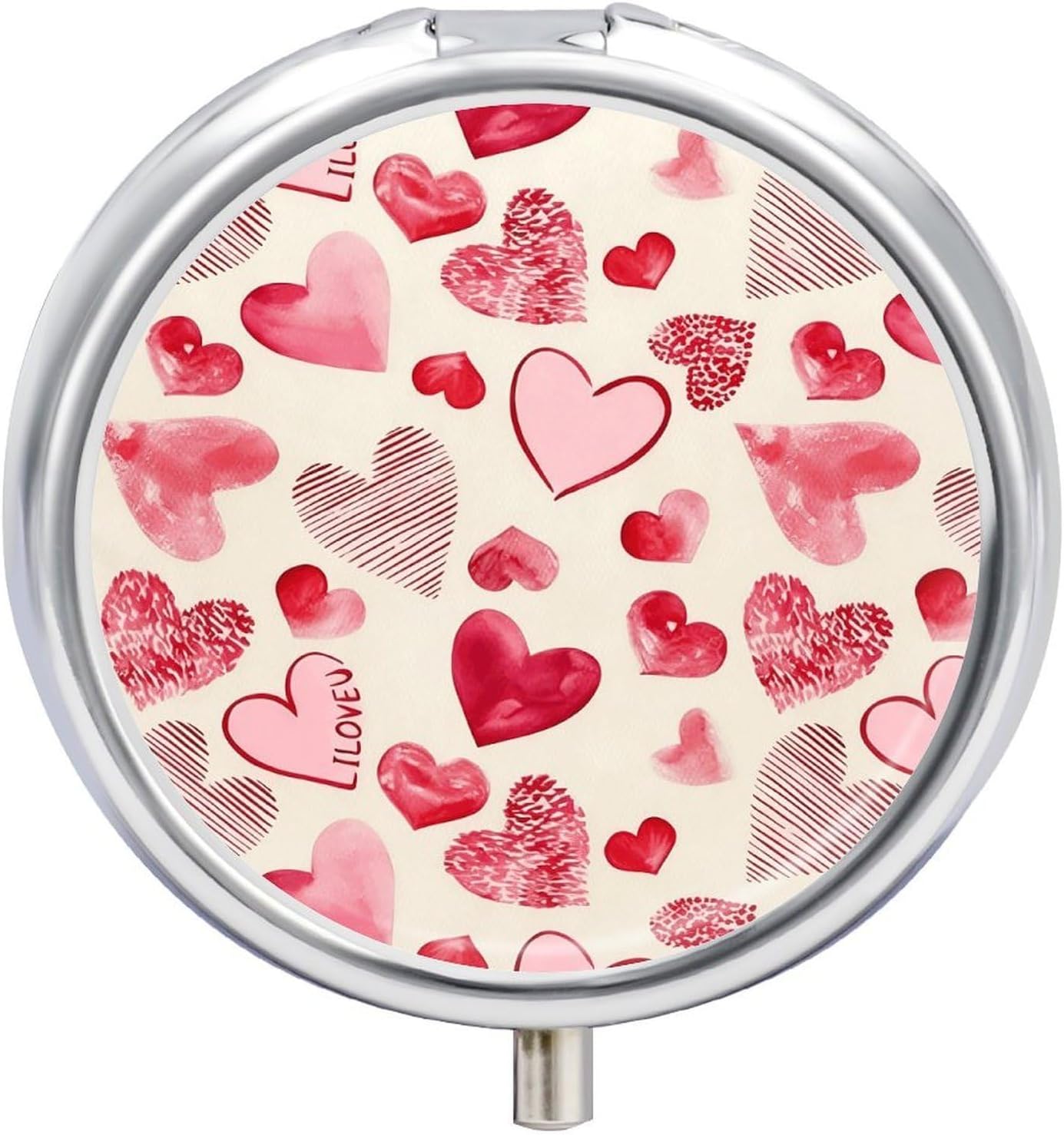 Love Heart Round Pill Box with 3 Compartments & Mirror