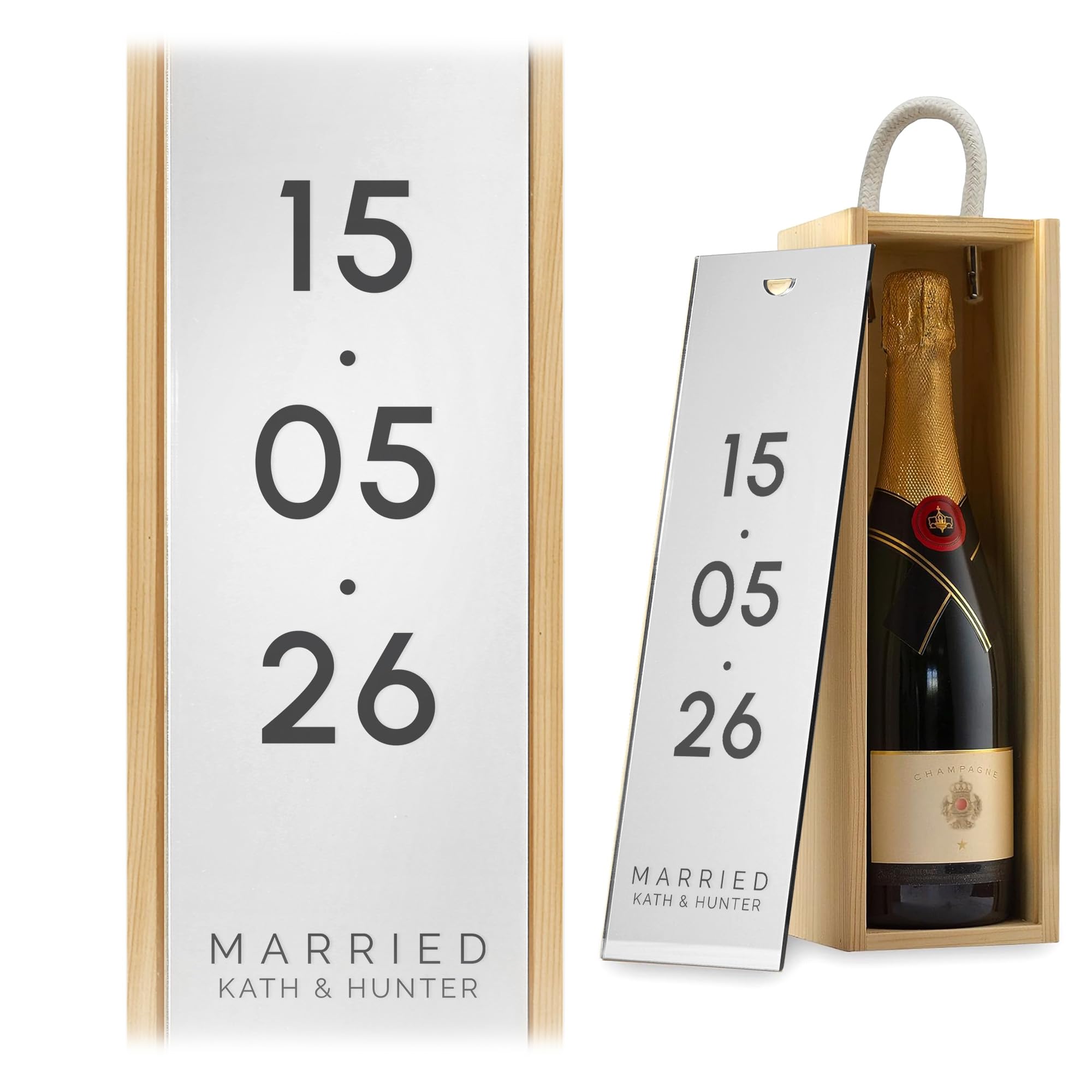 A1 Graphics Ltd Custom Date Wine Gift Box Engagement Custom Printed Personalised Wedding Present Retirement Valentines Anniversary Engagement Gift (Natural Box/Silver Mirror Lid)