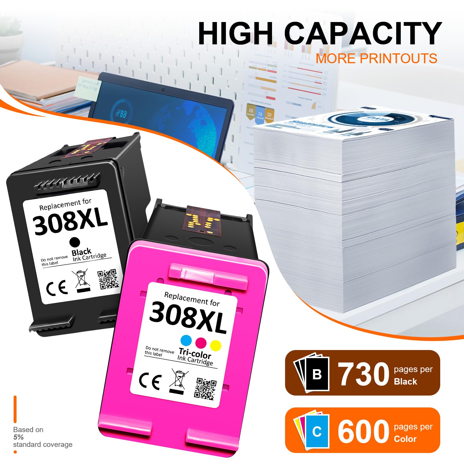 308 XL Cartouches d'impression, 308XL Cartouches Noire et Couleur Compatibles avec Originales HP 308 Cartouches d’Encre pour HP DeskJet 2900 4300 Envy 6110e 6120e 6122e 6130e 6520e 6530e 6532e 7220e