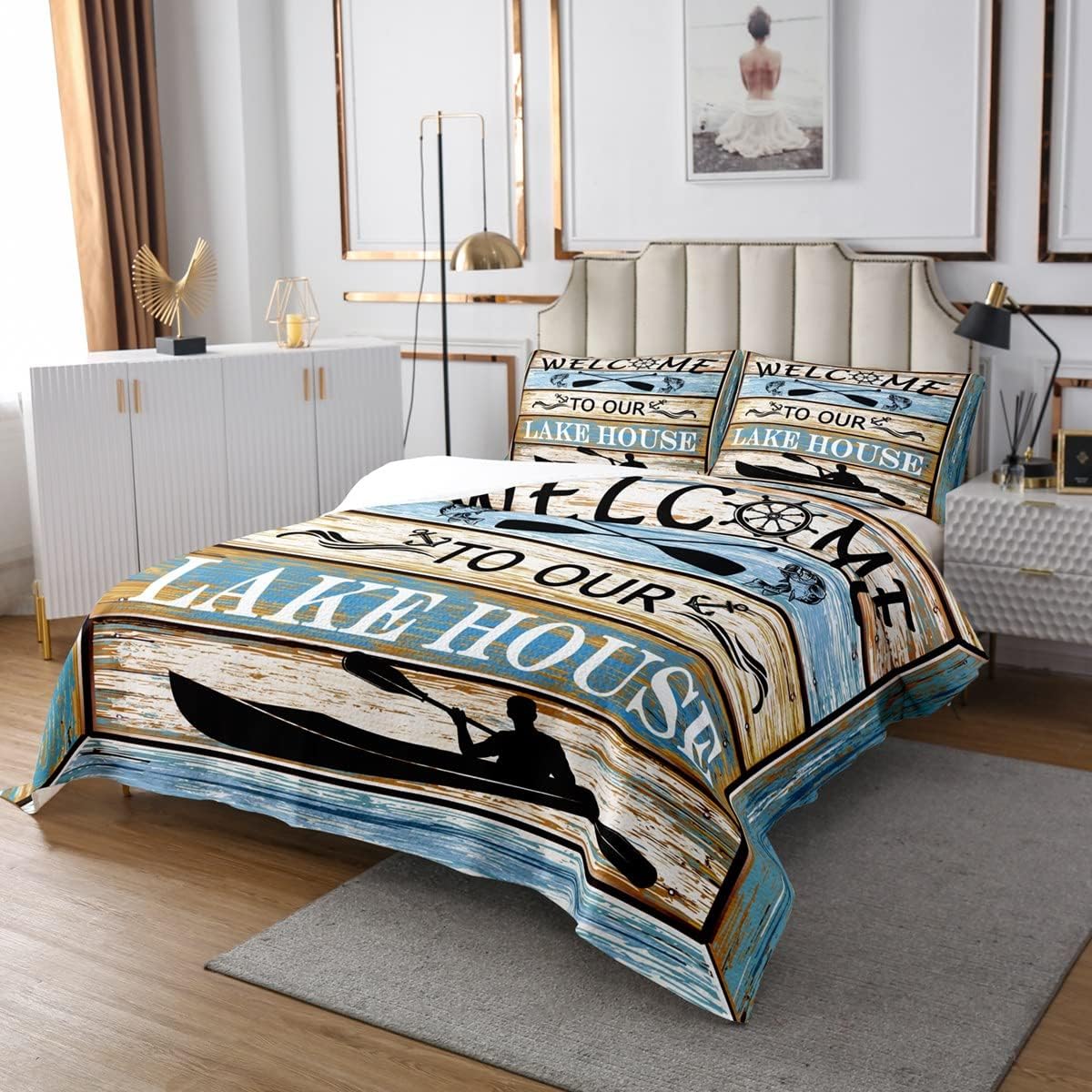 Lake House Theme Quilt Bedding Set 3 Piece Women Aldult Lightweight Bedding Go Boating Bedspread Set Lake Paddles Bedspread Coverlet Soft Microfiber Home Quilt Set for King Bed All Season