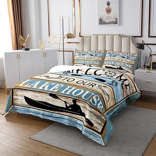 Juego de ropa de cama de 3 piezas para mujer, ropa de cama ligera rústica de granja, juego de colcha con temática de lago, colcha de microfibra