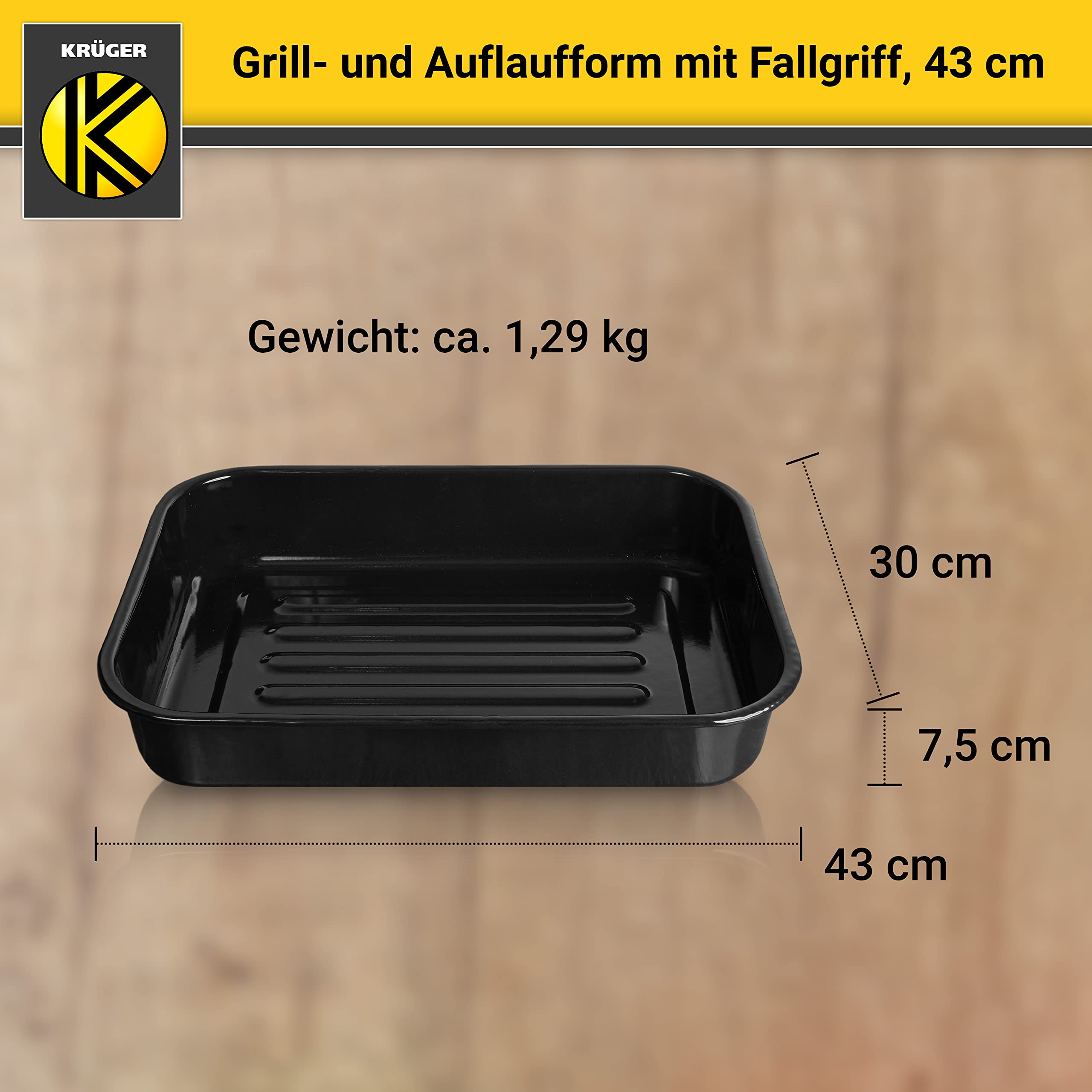 Krüger Emaille Grill- und Auflaufform 40 x 29 cm | Mit Edelstahlgriffen
