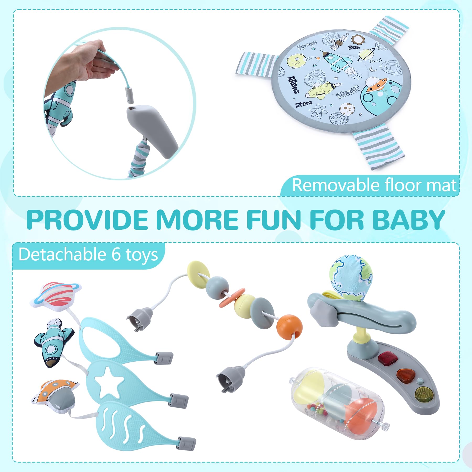 LADIDA Stationary Jumper Jumperoo Aktivitätszentrum für Babys mit interaktivem Spielzeug, 360° drehbarer Sitz, Musikspielzeug und Höhenverstellbar (Space Tour Grey)