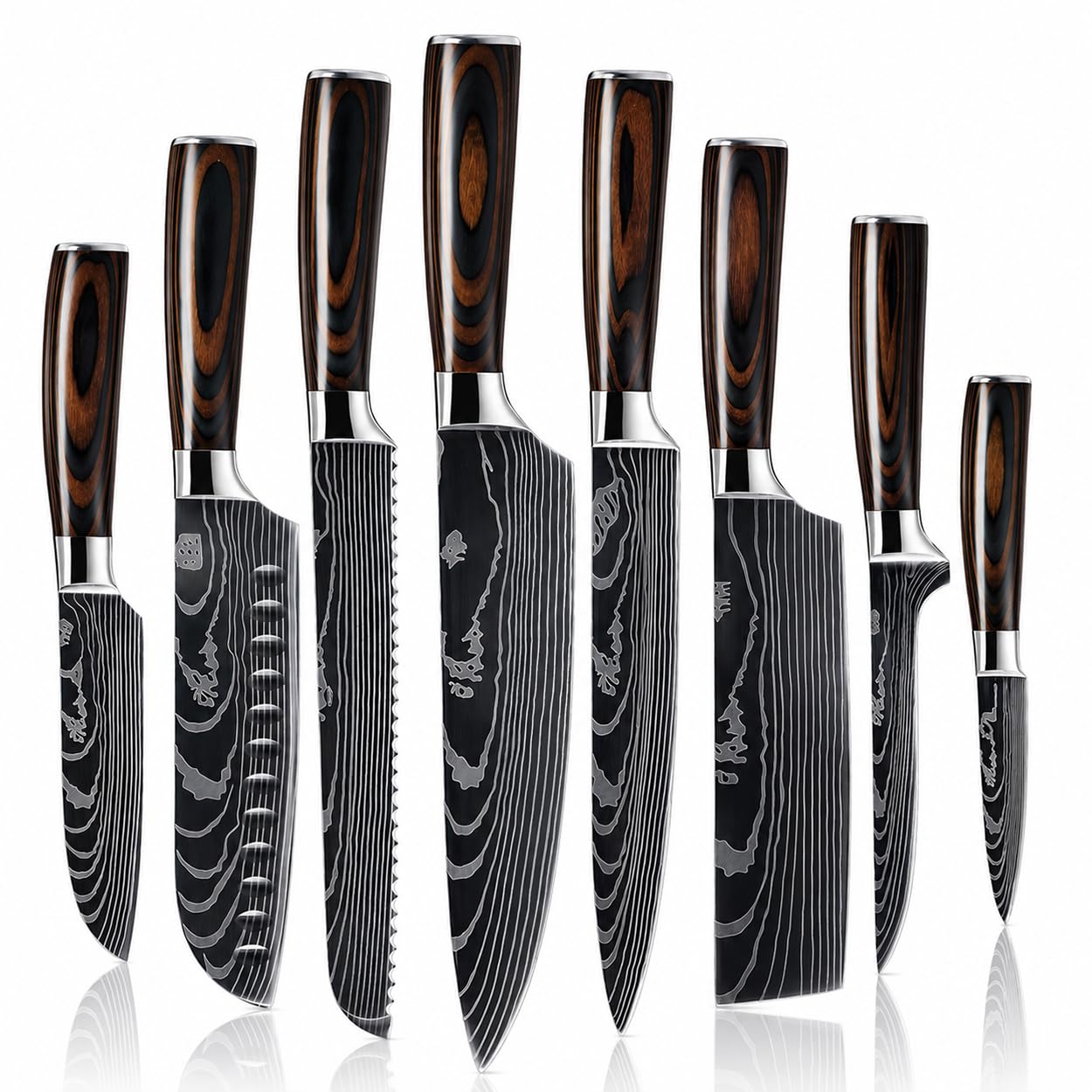 SENKEN 8-Piece Japanese Kitchen Knife Set - Damascus Pattern - High-Carbon Stainless Steel - Pakkawood Handle - Imperial Collection - Chef's Knife, Santoku, Bread, Paring, Cleaver, with Gift Box