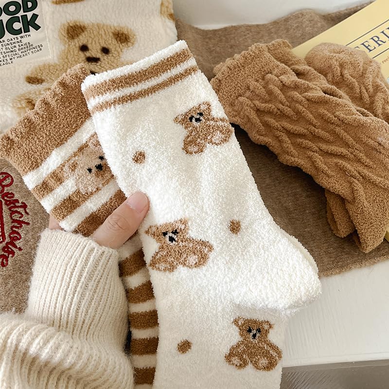 Kelabia 3 Pair Winter Bear Floral Fuzzy Socks, Thick Fluffy Thermal Sleeping Slipper Cute Socks Stocking Fall Clothes Stuff2