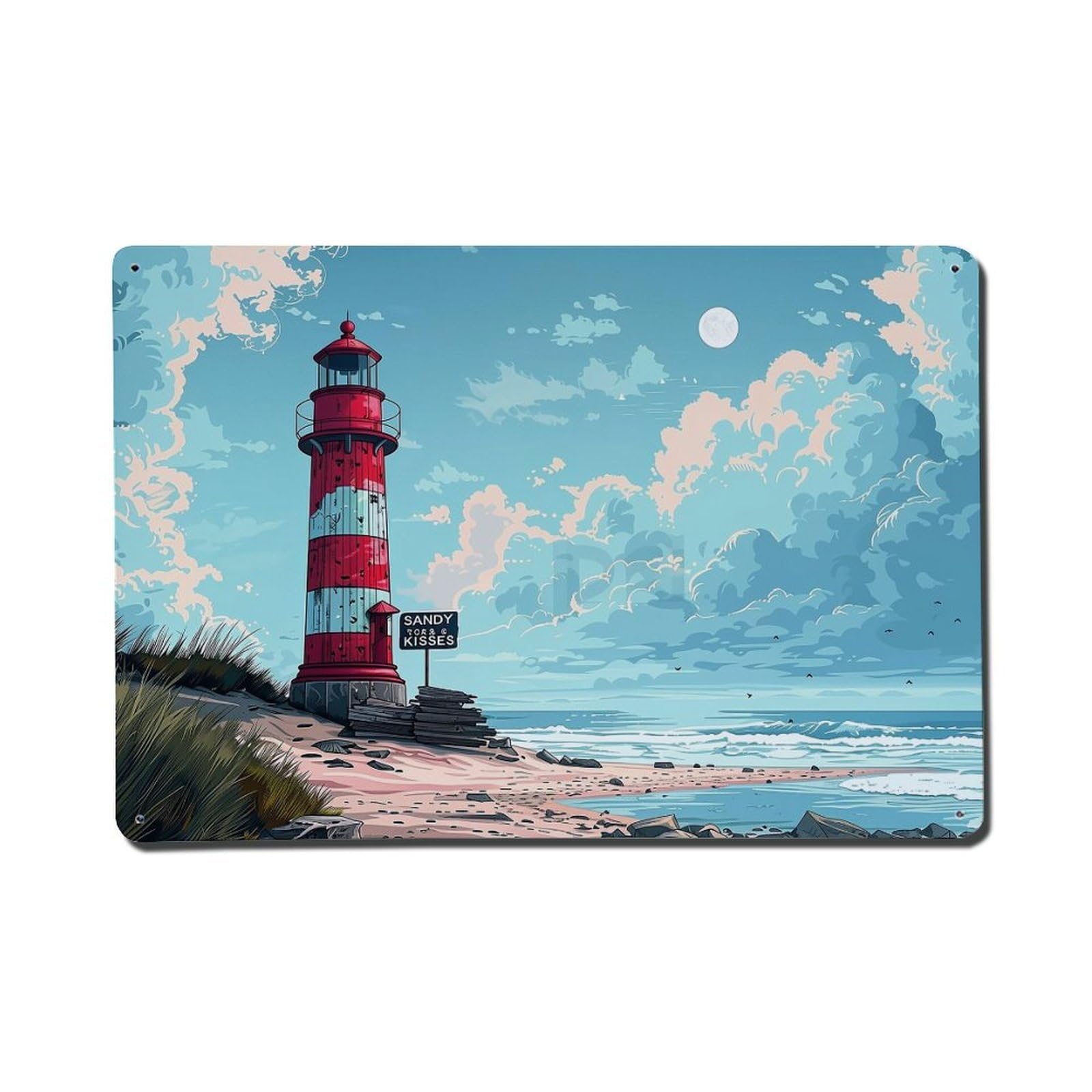 Lighthouse Beach Sky Clouds Moon Tin Sign Metal Poster Vintage Metal Signs for Home Man Cave Bar Cafe Kitchen laundry room Wall Decorations Gift 8x12Inch