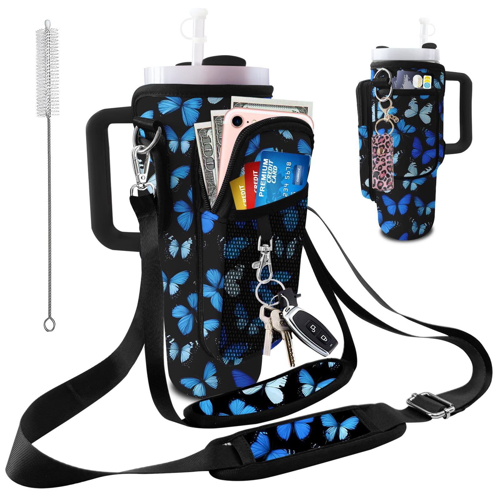 bolimoss Water Bottle Carrier Bag for Stanley 40/30 oz Tumbler, Accessories Holder with 2 Adjustable Straps & 3 Pockets Neoprene Cup Holder Pouch for Walking Travel Hiking Gym-Butterfly