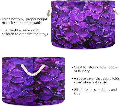 Miniatura 3 de Kigai Cesta de cuerda de algodón floral morado lila de primavera, cesta grande redonda para ropa sucia para bebé, manta de juguete, contenedor de