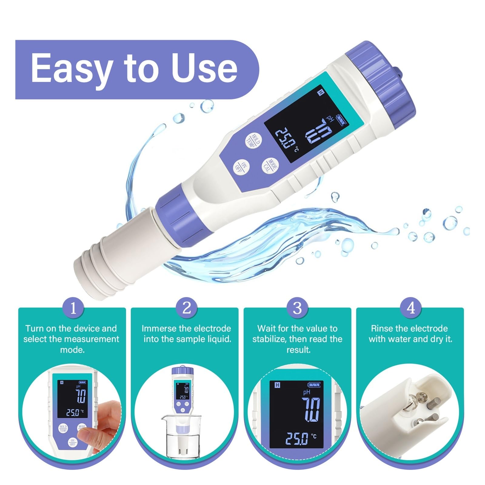 Medidor de pH con kit de calibración pH/H2/ORP/TDS/EC/SALT/Temp. Probador de hidrógeno for agua potable.