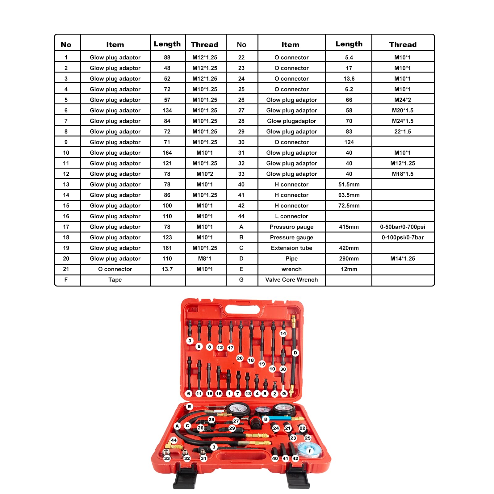 46 piezas profesional Compresión Comprobador de Compresión Compresión Comprobador de Compresión Motor Gasolina Diesel Comprobador de Compresión Cilindro con Dual Gauge Engine para coches, coches