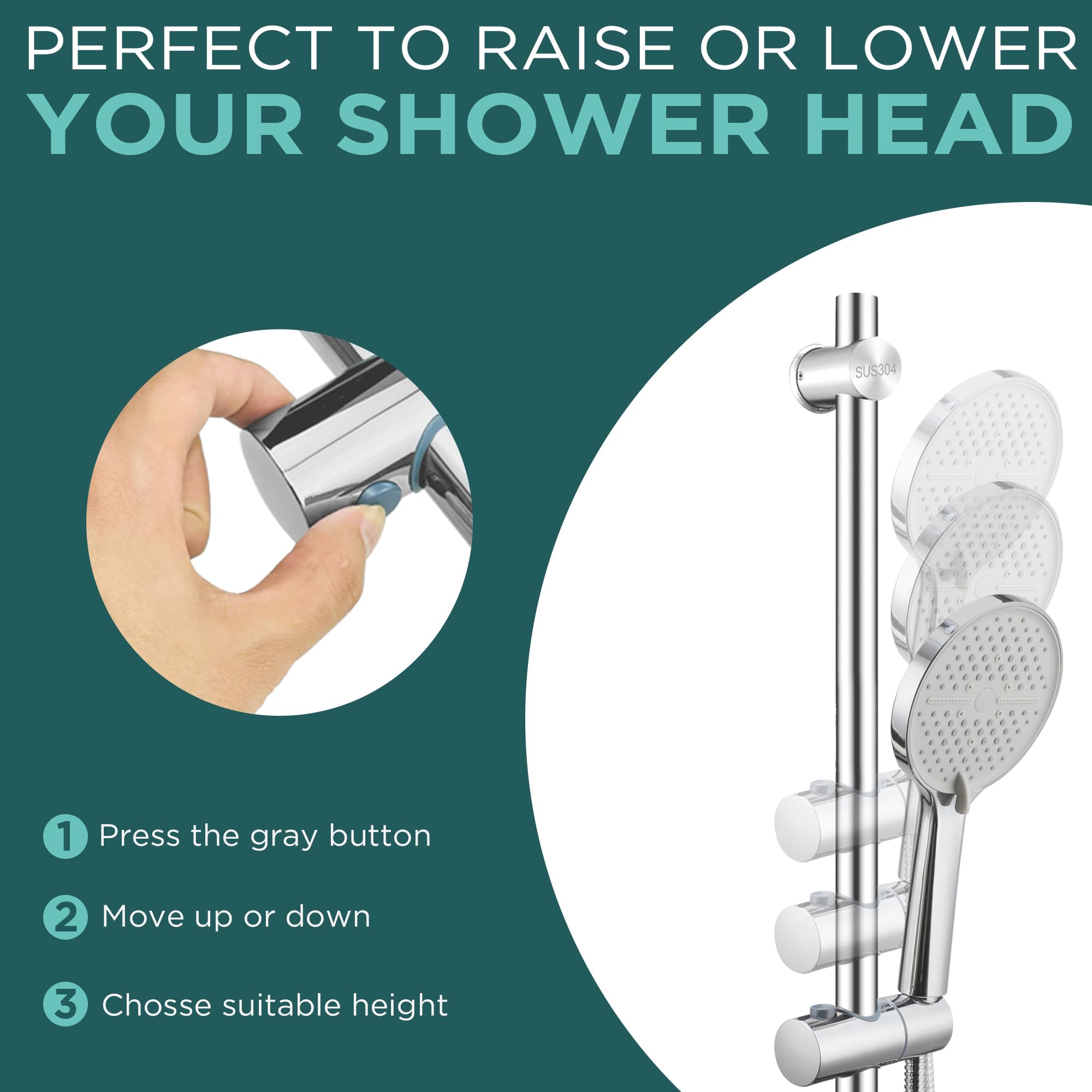 Asta per doccia da 42,5 cm, montaggio a parete, con supporto regolabile per soffione doccia, in acciaio inox SUS304, finitura lucida