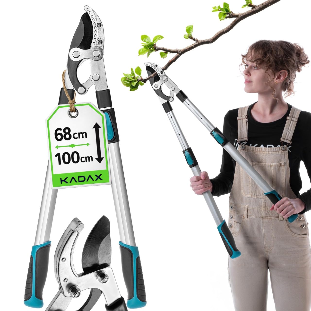 KADAX Tijera de podar de tipo yunque 68–100 cm, Tijera de árbol telescópica para ramas gruesas de hasta 50 mm, Tijera de jardín con mangos antideslizantes y hoja de acero afilada para un corte preciso