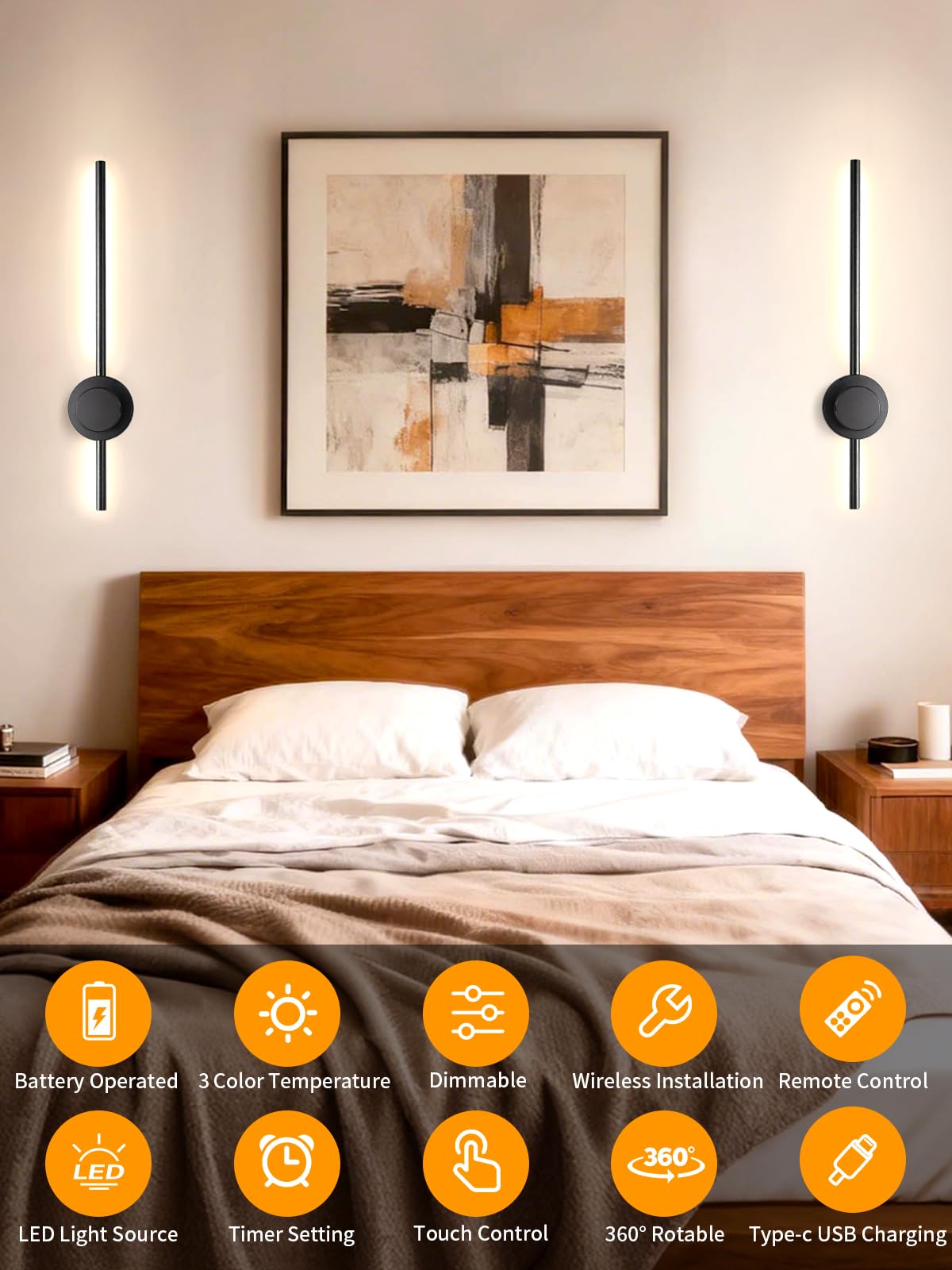 Kabellose Wandleuchter 2er Set, Wiederaufladbare Wandleuchten, Batteriebetrieben 5000mAh, 3 CCT Dimmbar, Timer Fernbedienung Wandlampen für Schlafzimmer, Wohnzimmer (70.1 cm Schwarz)