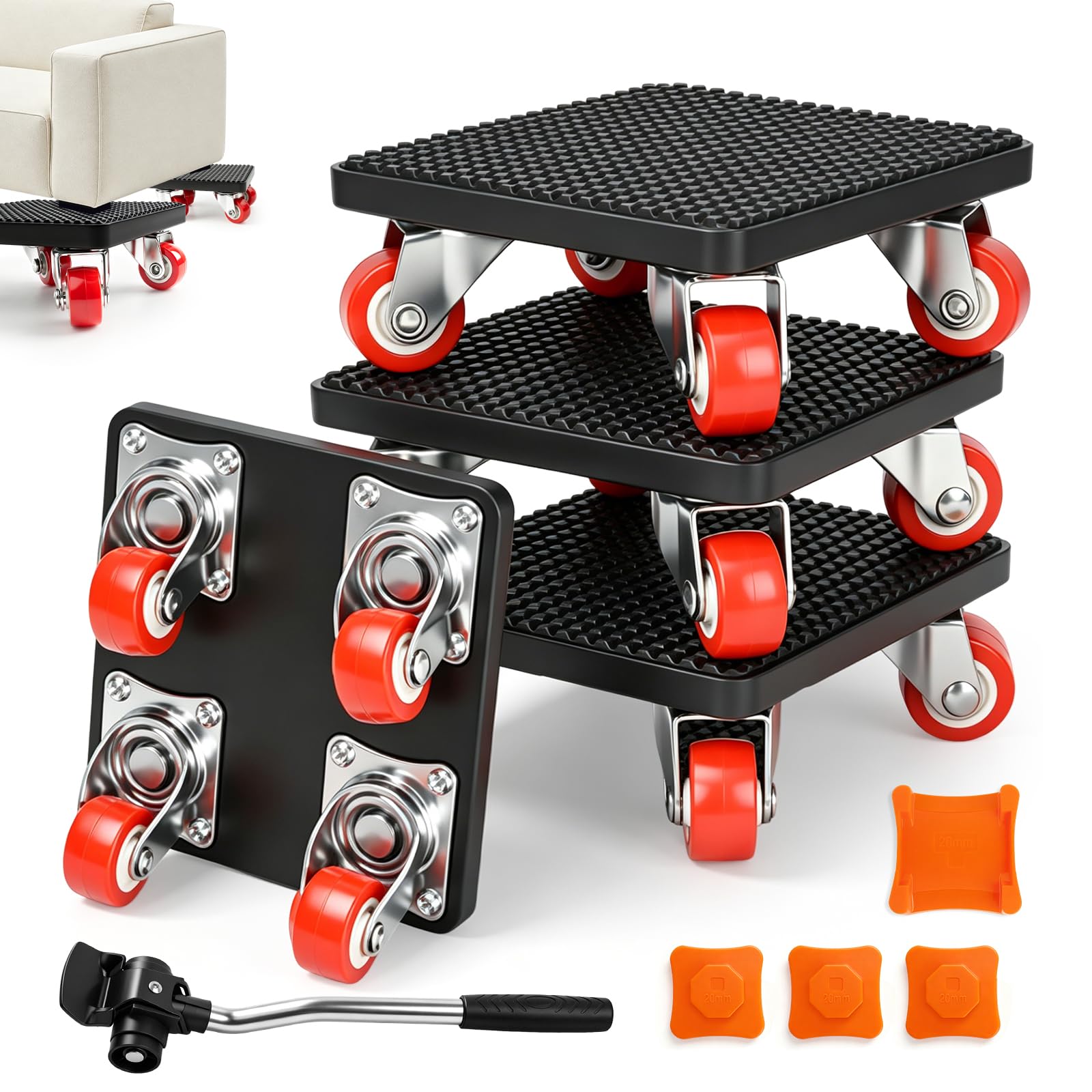 Leve meuble lourd Lot de 9 Déplacer, Charge Maximale 500 kg, Kit Roues Rotatives 360°, Soulever, Roulettes pour Meubles Lourds