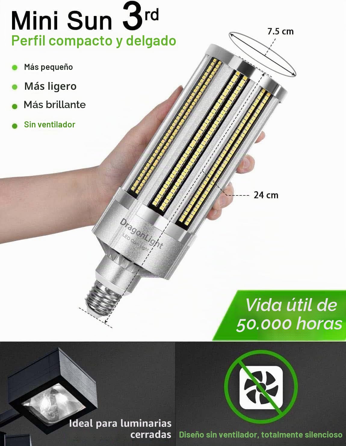Bombilla LED 100W,superbrillante, sin ventilador, (equivalente a 800W) – Bombilla LED E27 con adaptador E40 – 6000K blanco frío 12000 lúmenes para iluminación de zonas–Garaje taller– Luz de calle