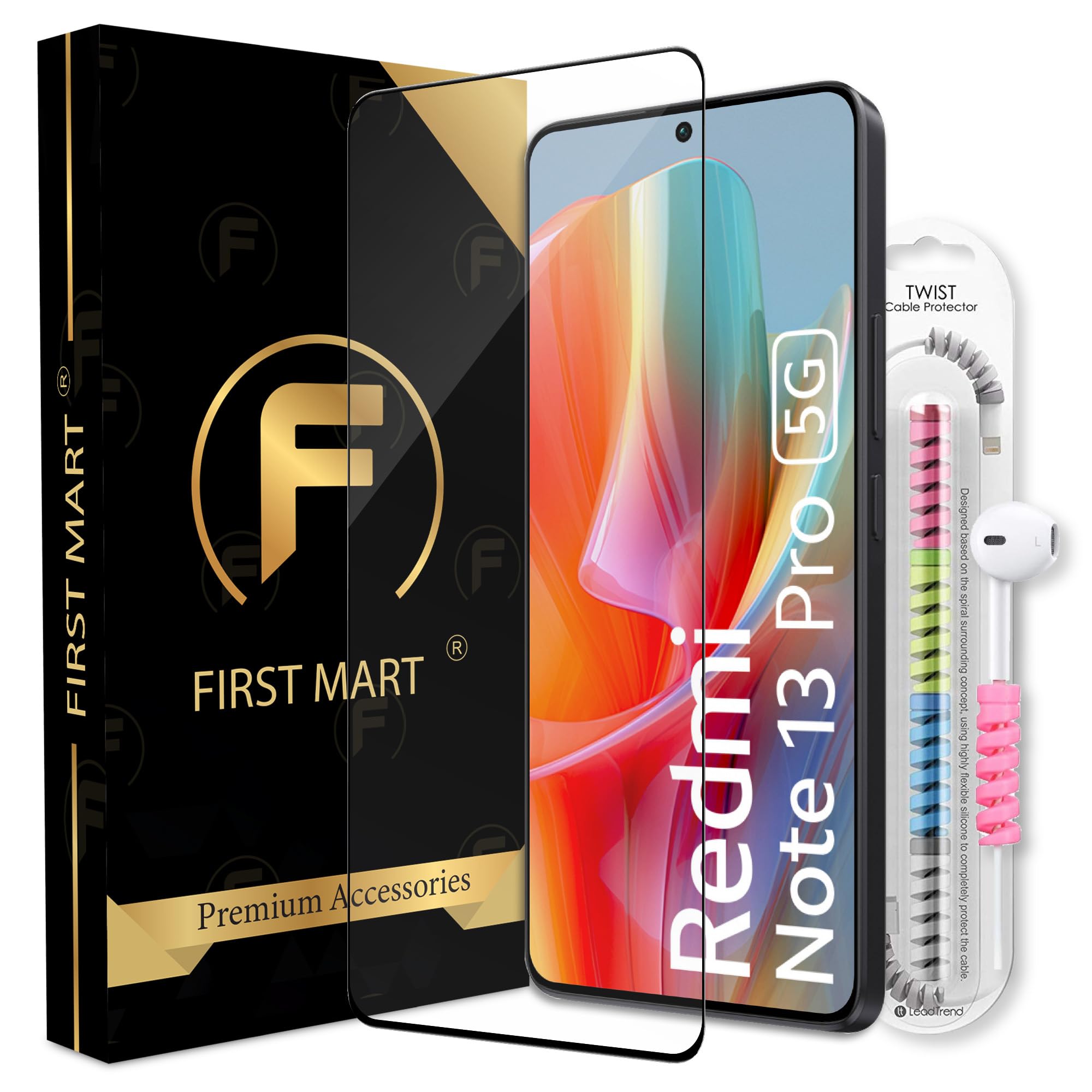 FIRST MART Premium Tempered Glass for Redmi Note 13 Pro 5G / Note 13 5G with Edge to Edge Coverage and Cable Protector and Easy Installation Kit, Pack of 1 (B0CS3WBYRK) Amazon Price History, Amazon Price Tracker
