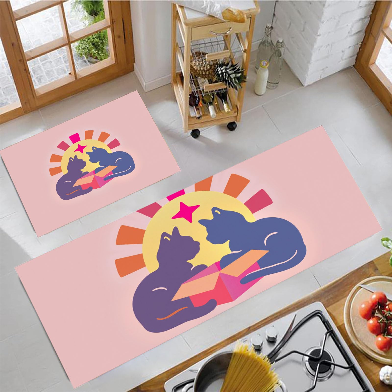 Alfombras de cocina lavables de 2 piezas con tapetes decorativos de gatos para dormitorio
