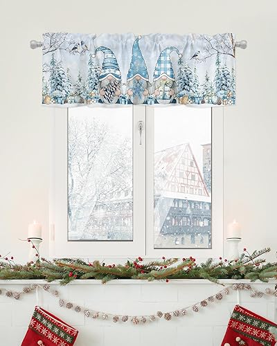 Miniatura 6 de CosyBright Cenefa de ventana de Navidad, diseño de gnomos azules, diseño de copos de nieve nevados para árbol de Navidad, cenefa de cortina con