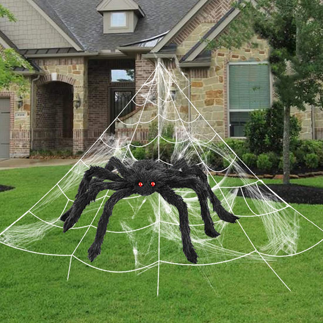 KalyskyOutdoor Halloween Spider Web Decorations Set, 46 inch Giant Spider, 276 inch Triangular Giant Spider Web and 20g Spider Web, Suitable for Indoor and Outdoor Haunted House Theme Parties